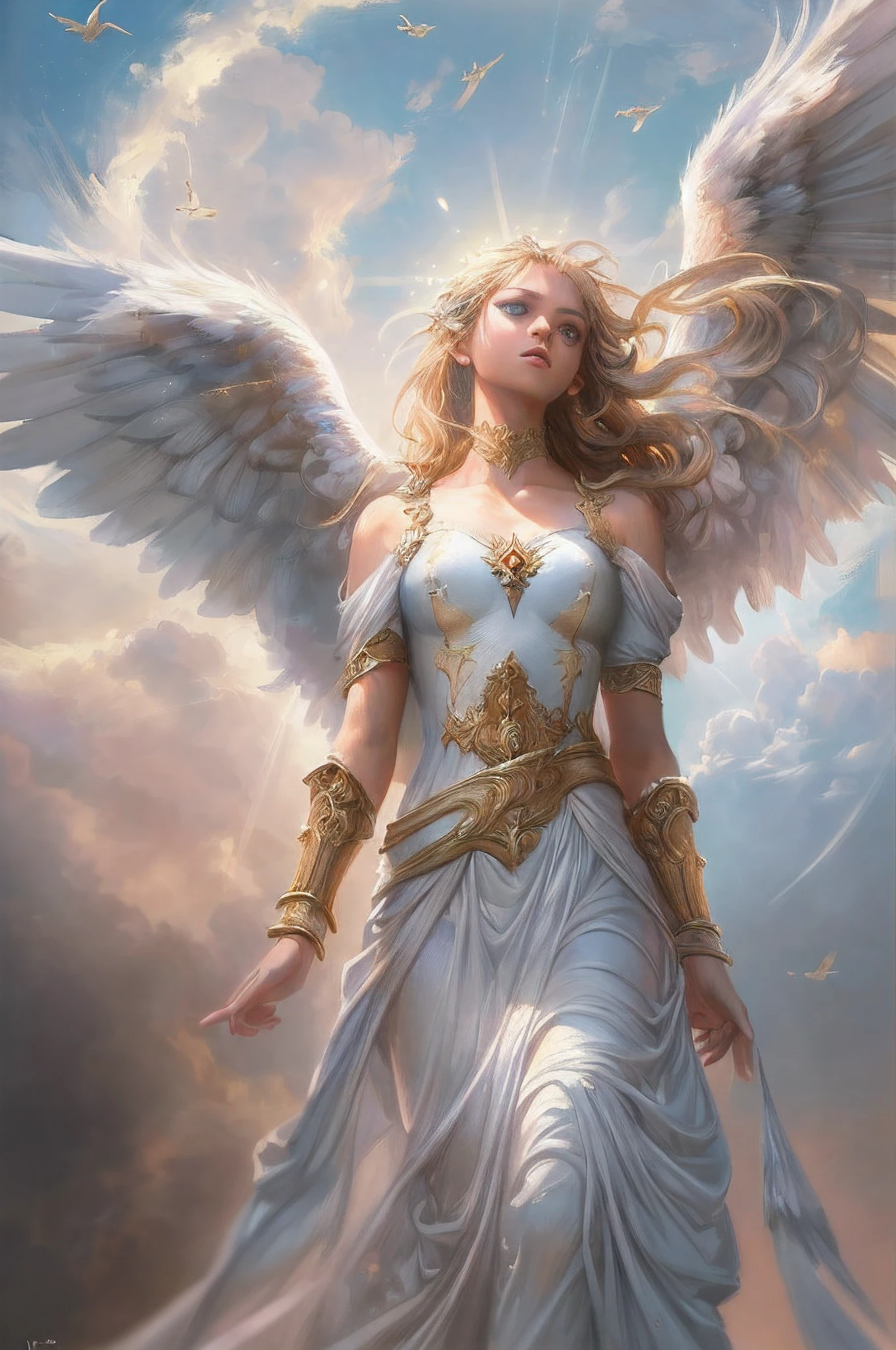 a picture of an archangel, flying in the sky (best details, Masterpiece, best quality :1.5), cloudy skies background, an epic a female angel (best details, Masterpiece, best quality :1.5) extremely beautiful woman angel,  blond hair, intense eye, angel_wings, angel wings wide spread, ultra feminine, ultra detailed face, wearing heavenly armor,  birds view, sun rays, divine rays, sense of divinity, sense of awe majestic atmosphere, ultra best realistic, best details, best quality, 16k, [ultra detailed], masterpiece, best quality, (extremely detailed), ultra wide shot, photorealism, depth of field, hyper realistic painting,