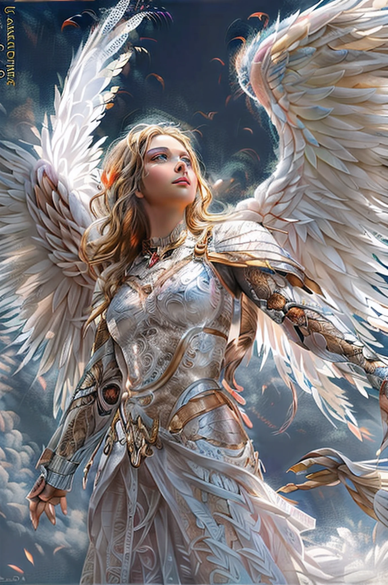 a picture of an archangel, flying in the sky (best details, Masterpiece, best quality :1.5), cloudy skies background, an epic a female angel (best details, Masterpiece, best quality :1.tremely beautiful woman angel,  blond hair, intense eye, angel_wings, angel wings wide spread, ultra feminine, ultra detailed face, wearing heavenly armor,  birds view, sun rays, divine rays, sense of divinity, sense of awe majestic atmosphere, ultra best realistic, best details, best quality, 16k, [ultra detailed], masterpiece, best quality, (extremely detailed), ultra wide shot, photorealism, depth of field, hyper realistic painting,