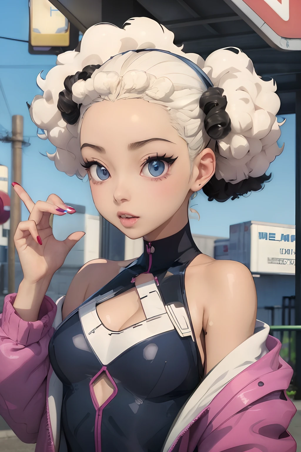 anime girl with curly hair and blue eyes standing in front of a gas station, detailed digital anime art, digital anime illustration, anime style. 8k, anime style 4 k, digital anime art, stylized anime, anime styled digital art, dark skinartwork in the style of guweiz, advanced digital anime art, ilya kuvshinov. 4 k, urban girl fanart