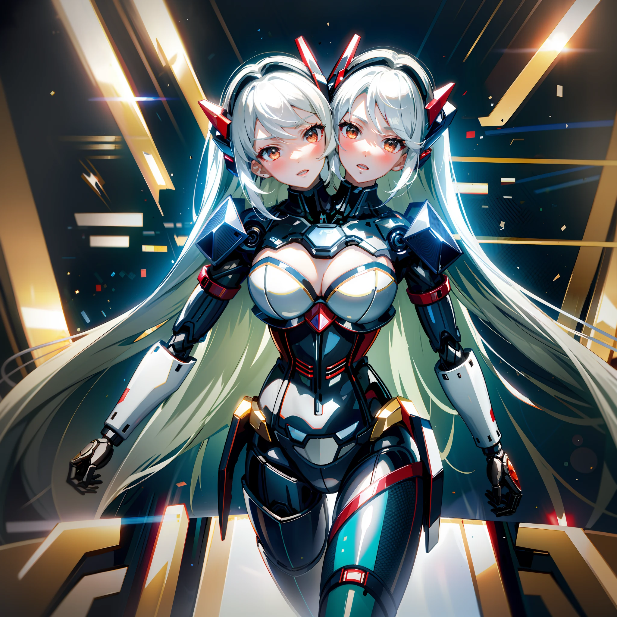 (masterpiece, best quality), best resolution, (2heads:1.5), 1girl, mecha musume, right head looking to the right, left head looking to the left, intrigued, one open mouth, one closed mouth, different facial expressions, touching hologram screens, white hair, brown eyes, mechanical parts, robot joints, headgear, full armor, intricate mechanical bodysuit, mecha corset, surrounded by holograms, cyberspace, close-up