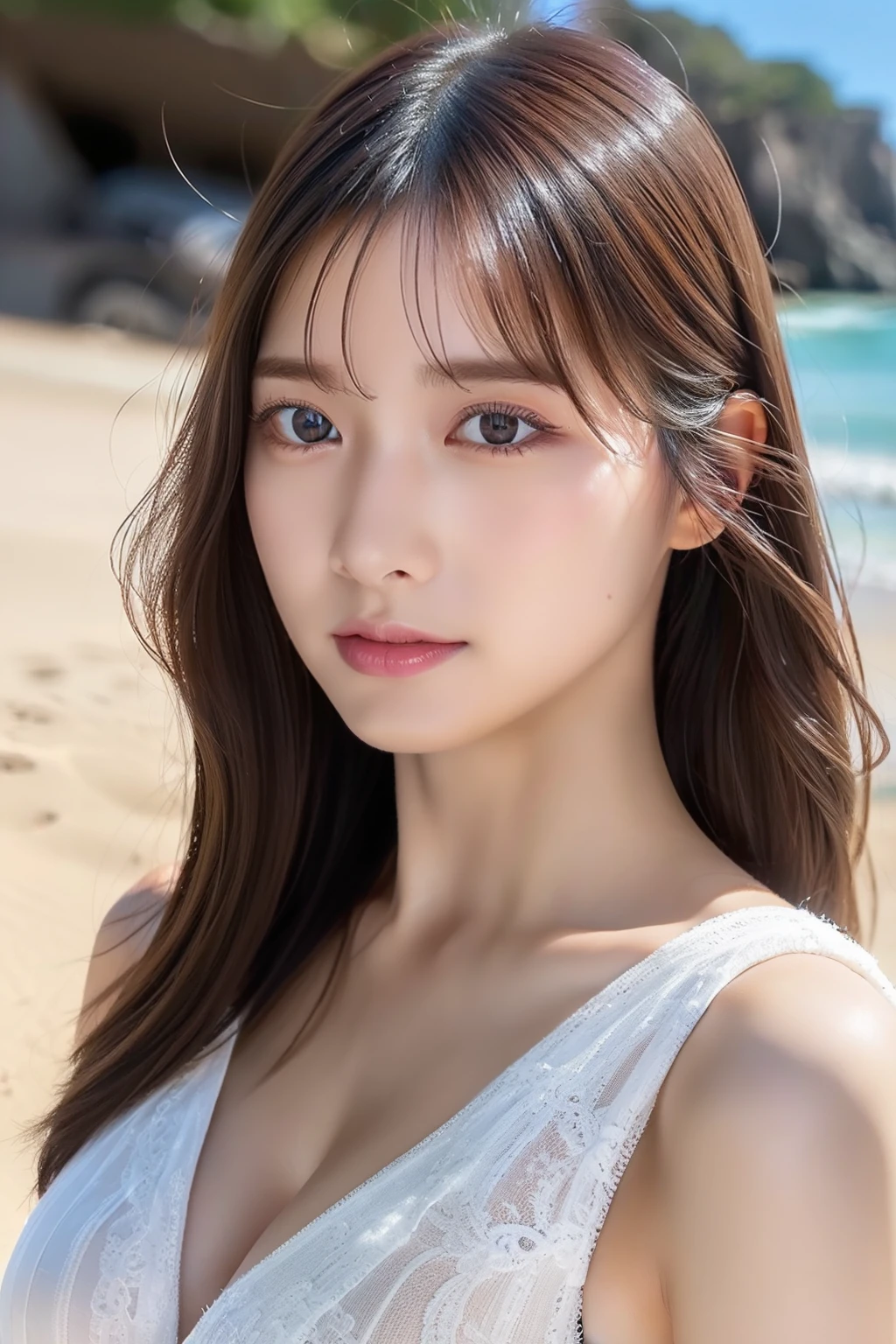 ((top-quality,8K,ultradetailed eyes,Ultra-detailed nose,)),A detailed eye,,Erotic with a little sexy clothes,Colossal tits,a very cute,,、real looking skin、realisticeyes、put on clothes、Wear a dress、Mare、the beach
