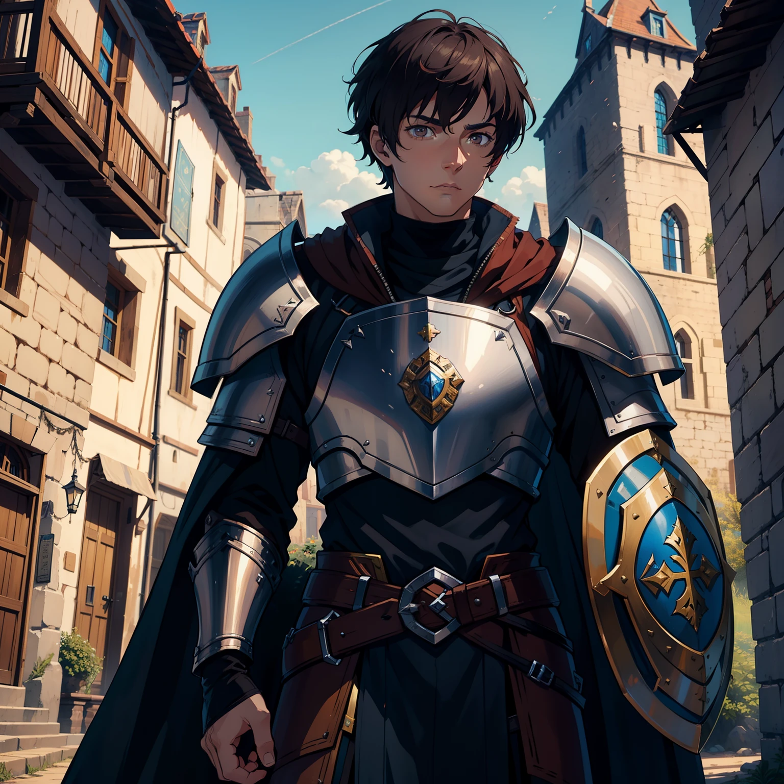 a man with short hair, a paladin, adamantine armor, large adamantine shield, in a medieval town, RPG, brown hair, dark brown eyes, 4K
