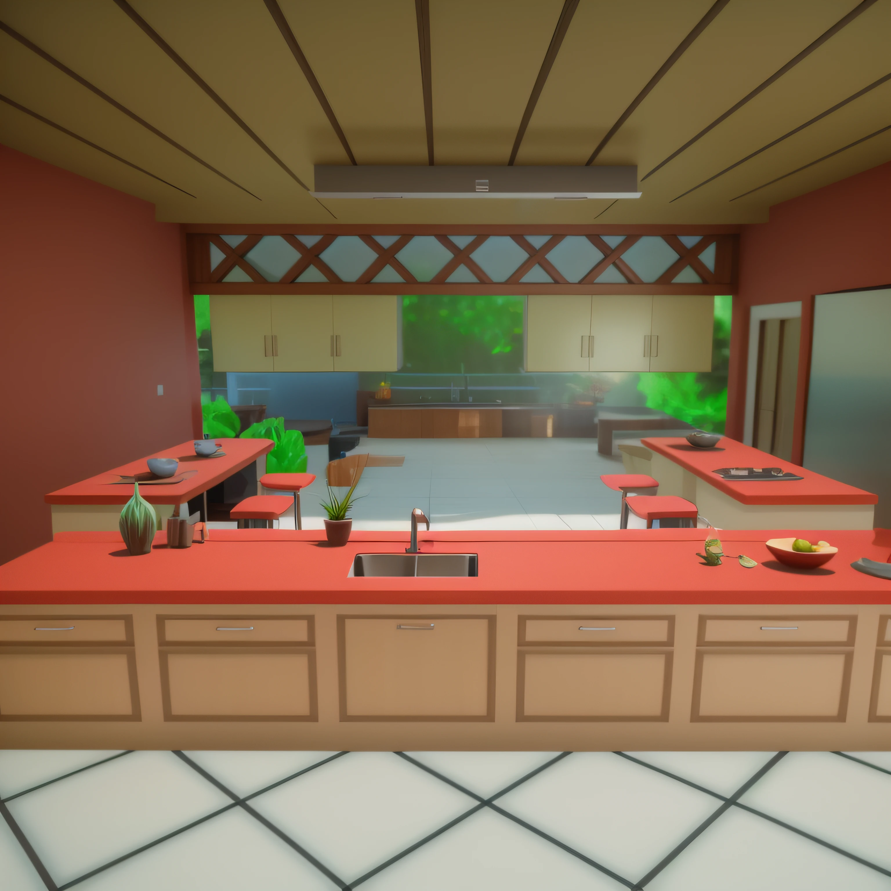 There is a kitchen with a sink and a counter with a bowl on it, 3d rendering stylized, stylized as a 3d rendering, Cozinha da casa em um dia ensolarado, 3 d render stylized, renderizado em unrealengine, renderizado em irreal, Captura de tela de jogabilidade interior, Non-unrealistic engine rendering, renderizado em unreal 5, renderizado em unidade 3 d
