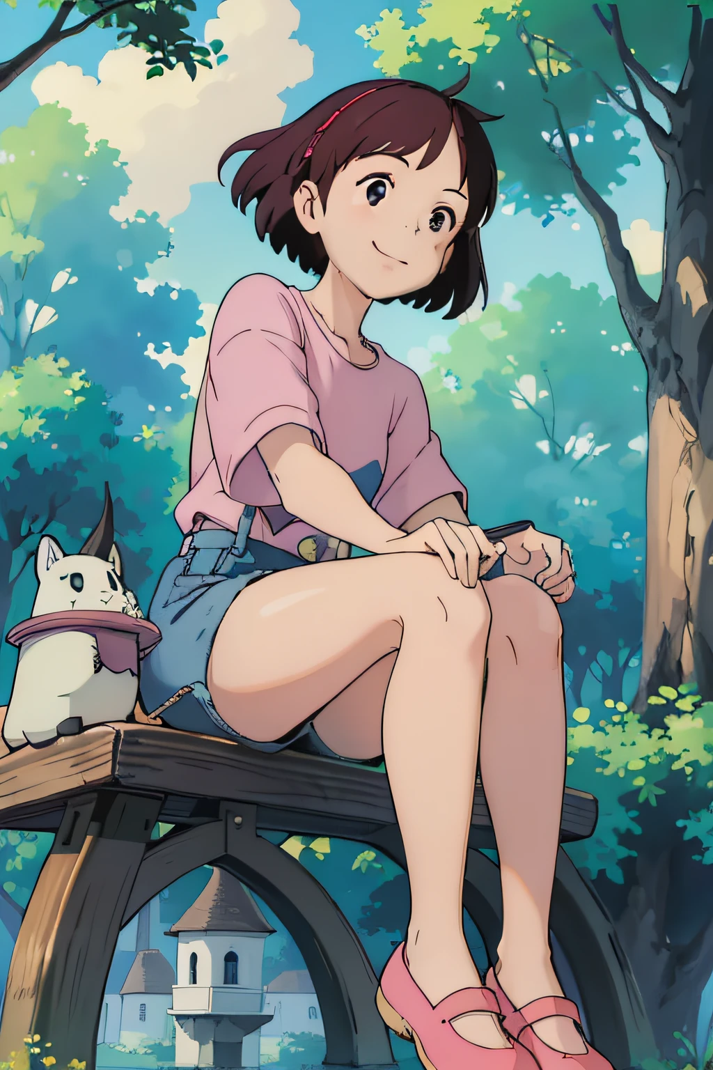 (​masterpiece:1.4)、(top-quality:1.4)、(hight resolution:1.4)、A smile、girl with、Bob Hair、１People Girls、Rice balls、Oversized pink T-shirt、Wearing shorts、espadrilles、the woods、lo fi、Eat rice、Bento、Frolic