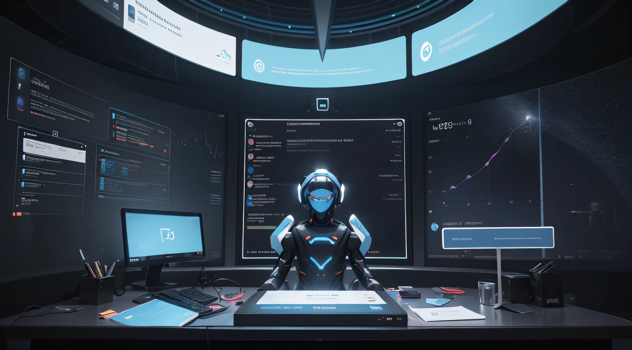 Create a 3D scene that portrays an interaction hub for AI chatbot development. Envision a vibrant space where AI-powered chatbots engage in dynamic conversations with users. Surround the central area with screens displaying chatbot interfaces and graphs illustrating data analysis. Incorporate AI-themed elements like circuit pathways and virtual assistants collaborating to exemplify the agency's prowess in AI technology.