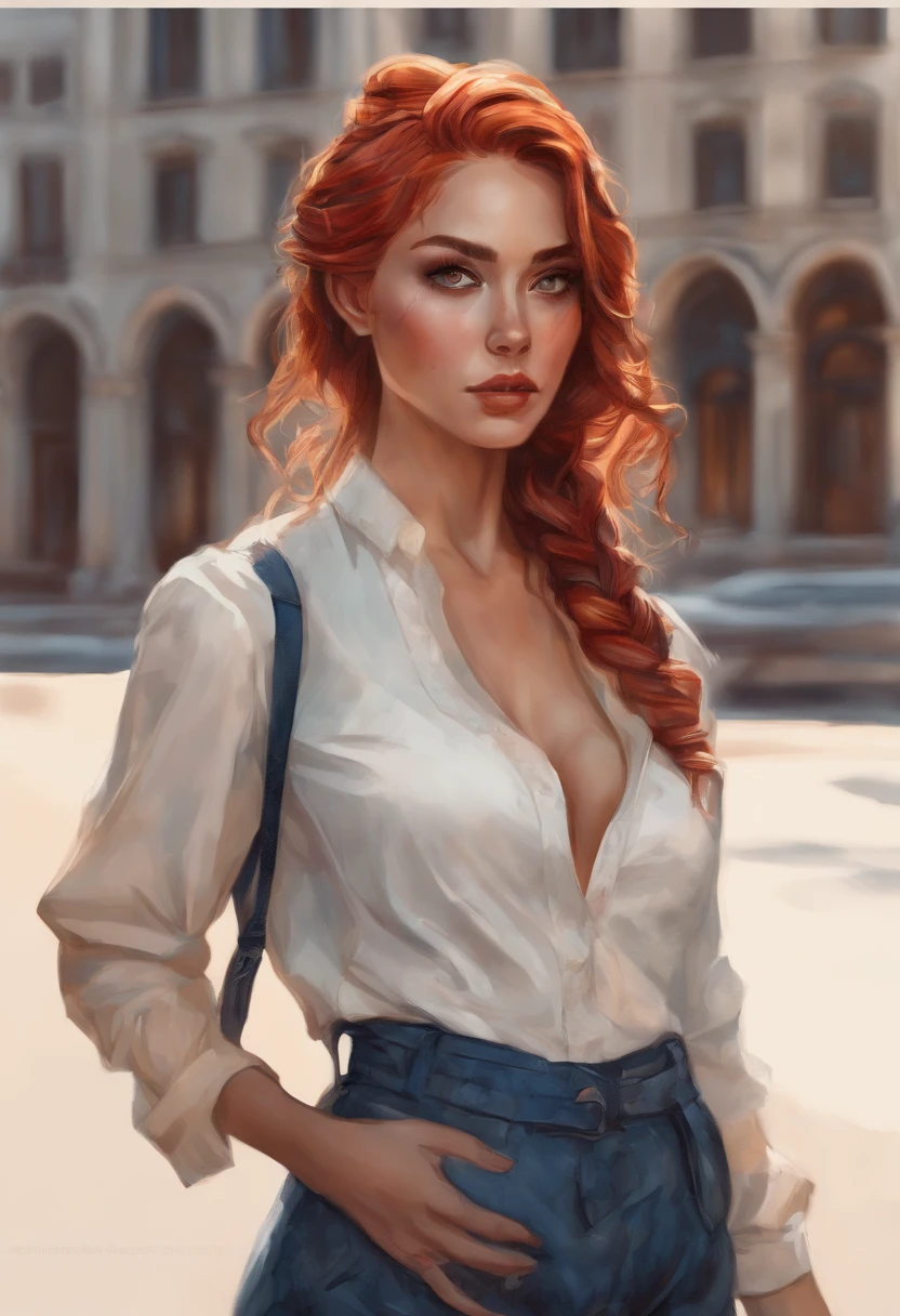 Woman with red braided hair, white blouse and denim skirt in front of a building, woman with detailed eyes, elegant and stunning digital art of digital illustration in digital style, Beautiful digital illustration, anime, kawaii, 2d, Stylish digital painting, Charlie Bowater Art style, Not Charlie Bowater style, watercolor, trends in art station, sharp focus, studio shot, intricate details, highly detailed, by greg rutkowski