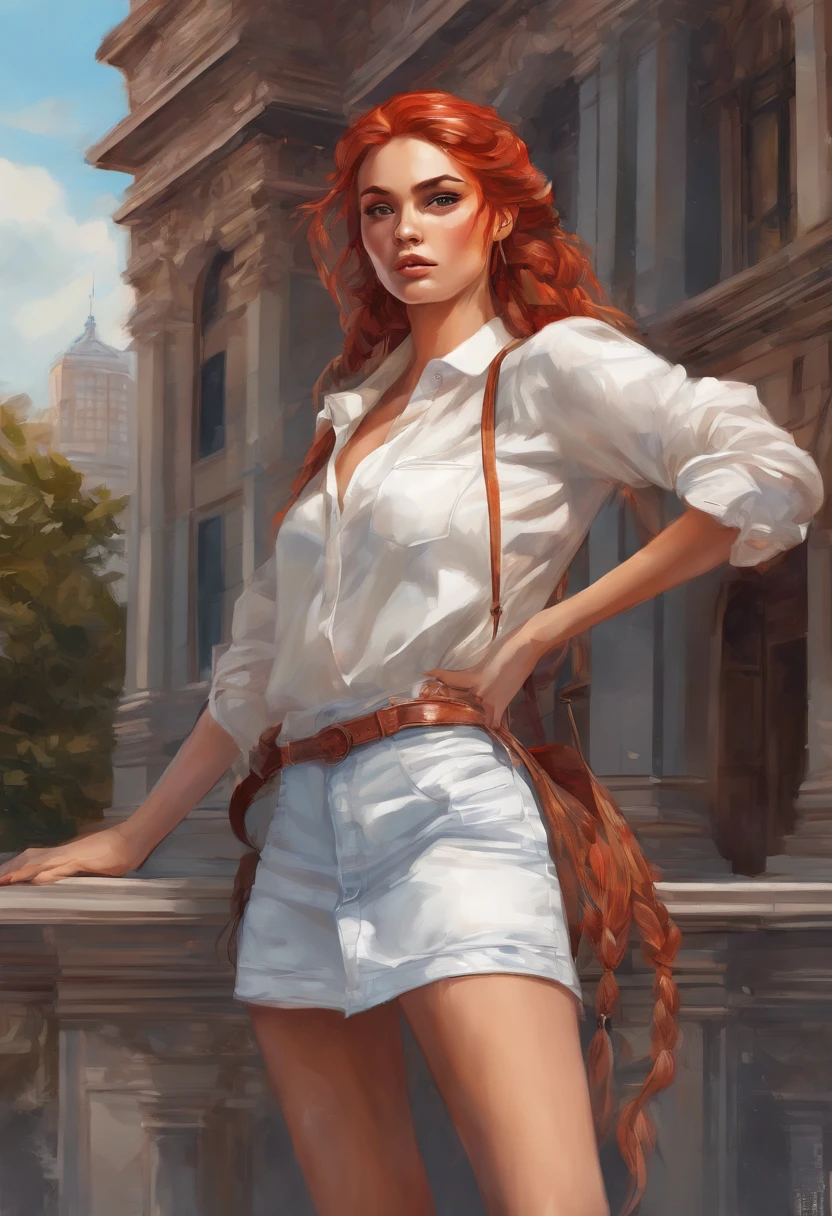 Woman with red braided hair, white blouse and denim skirt in front of a building, woman with detailed eyes, elegant and stunning digital art of digital illustration in digital style, Beautiful digital illustration, anime, kawaii, 2d, Stylish digital painting, Charlie Bowater Art style, Not Charlie Bowater style, watercolor, trends in art station, sharp focus, studio shot, intricate details, highly detailed, by greg rutkowski