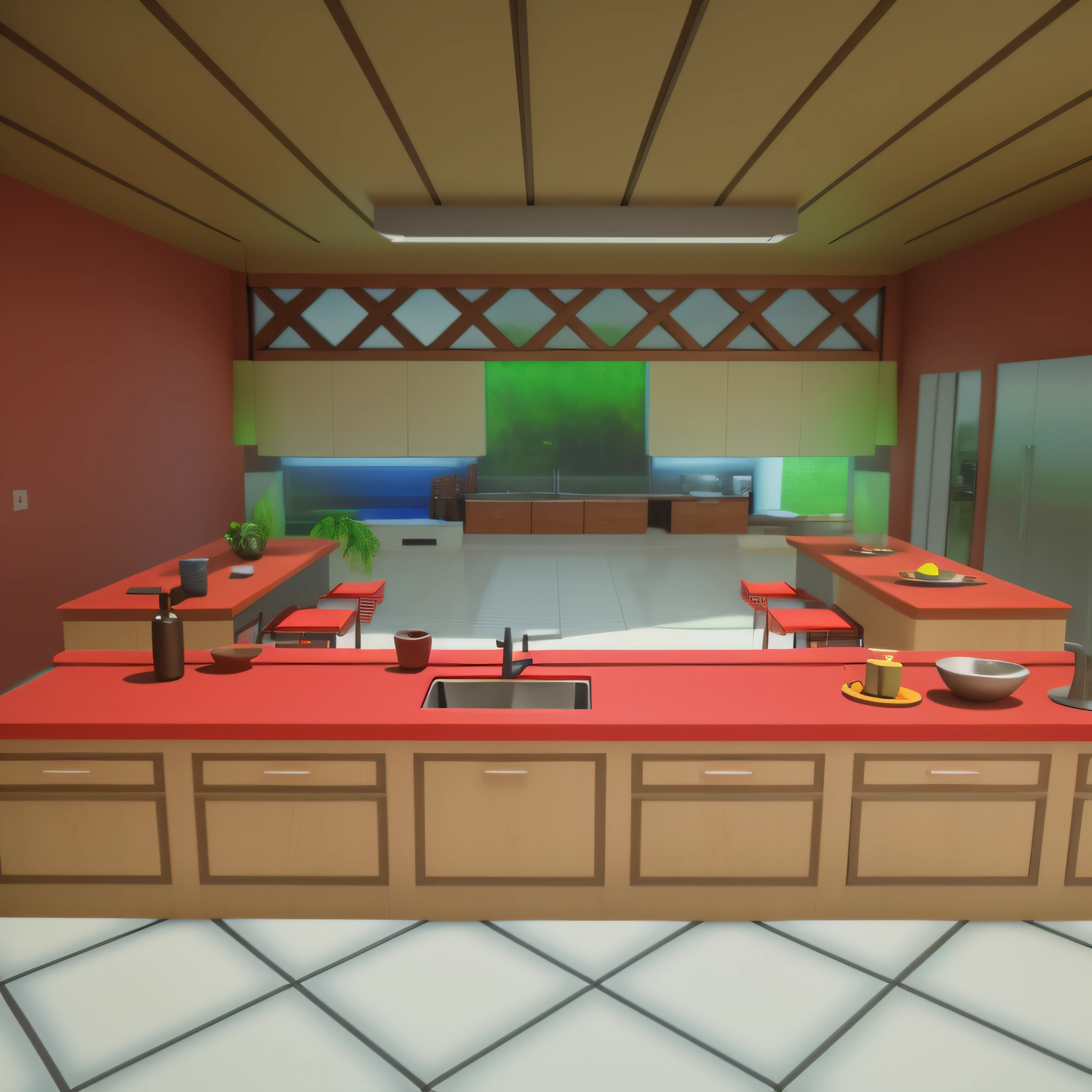 There is a kitchen with a sink and a counter with a bowl on it, 3d rendering stylized, stylized as a 3d rendering, Cozinha da casa em um dia ensolarado, 3 d render stylized, renderizado em unrealengine, renderizado em irreal, Captura de tela de jogabilidade interior, Non-unrealistic engine rendering, renderizado em unreal 5, renderizado em unidade 3 d