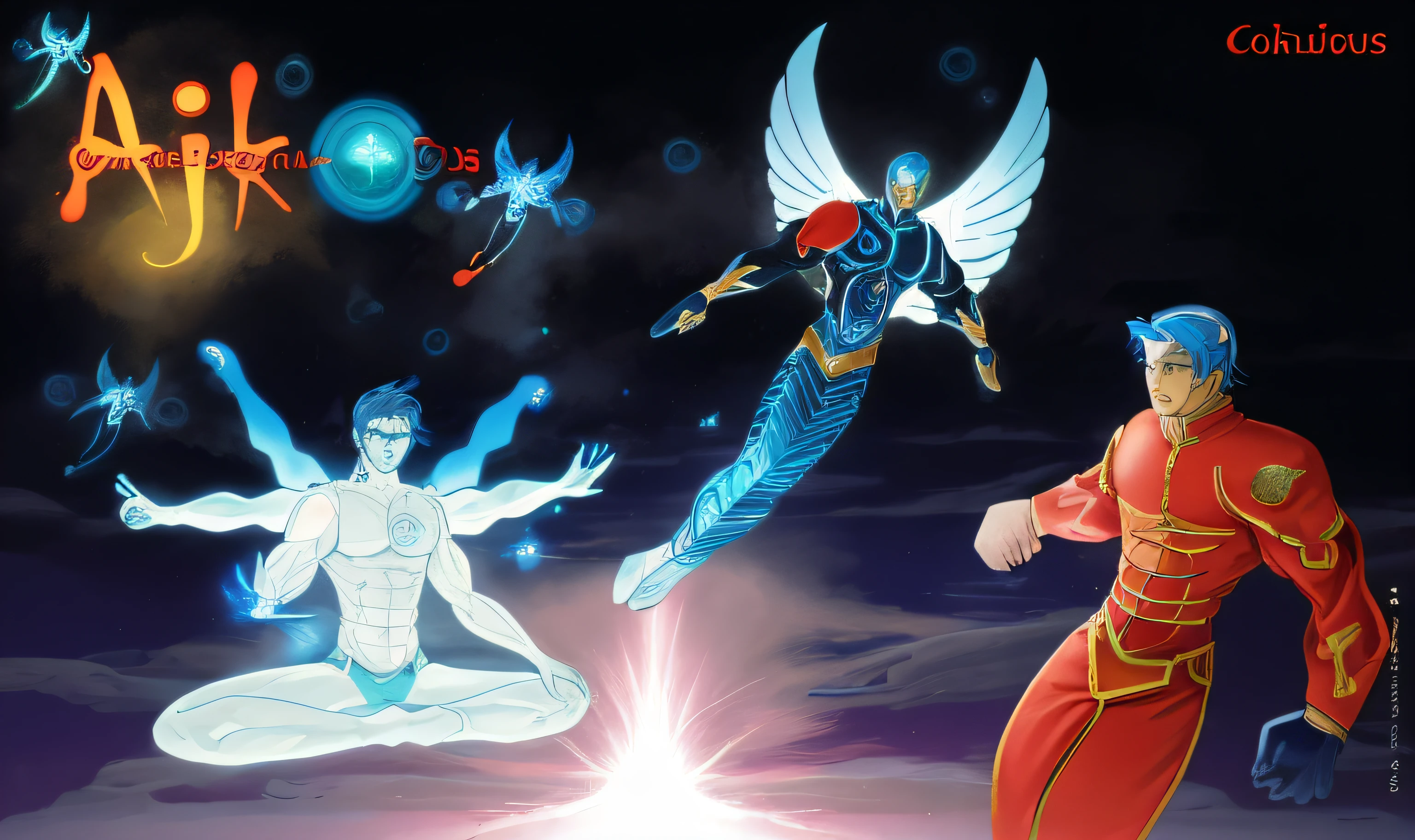 There are three different color images of a man with 6 arms, cabelos loiros e olhos rosas, um homem de pele azul e com asas, e um homem de cabelo azul e olhos azuis, sarados, bonitos, some cosmic angels, inspirado em Hiromu Arakawa, Energy Dynamic Pose, inspired by Mœbius, arte de fundo, an epic anime of a energy man, Transhumanist Dance, energetic beings patrolling, hero pose colorful city lighting, poder auras, fan art, Fanart, ultra realista, 8.