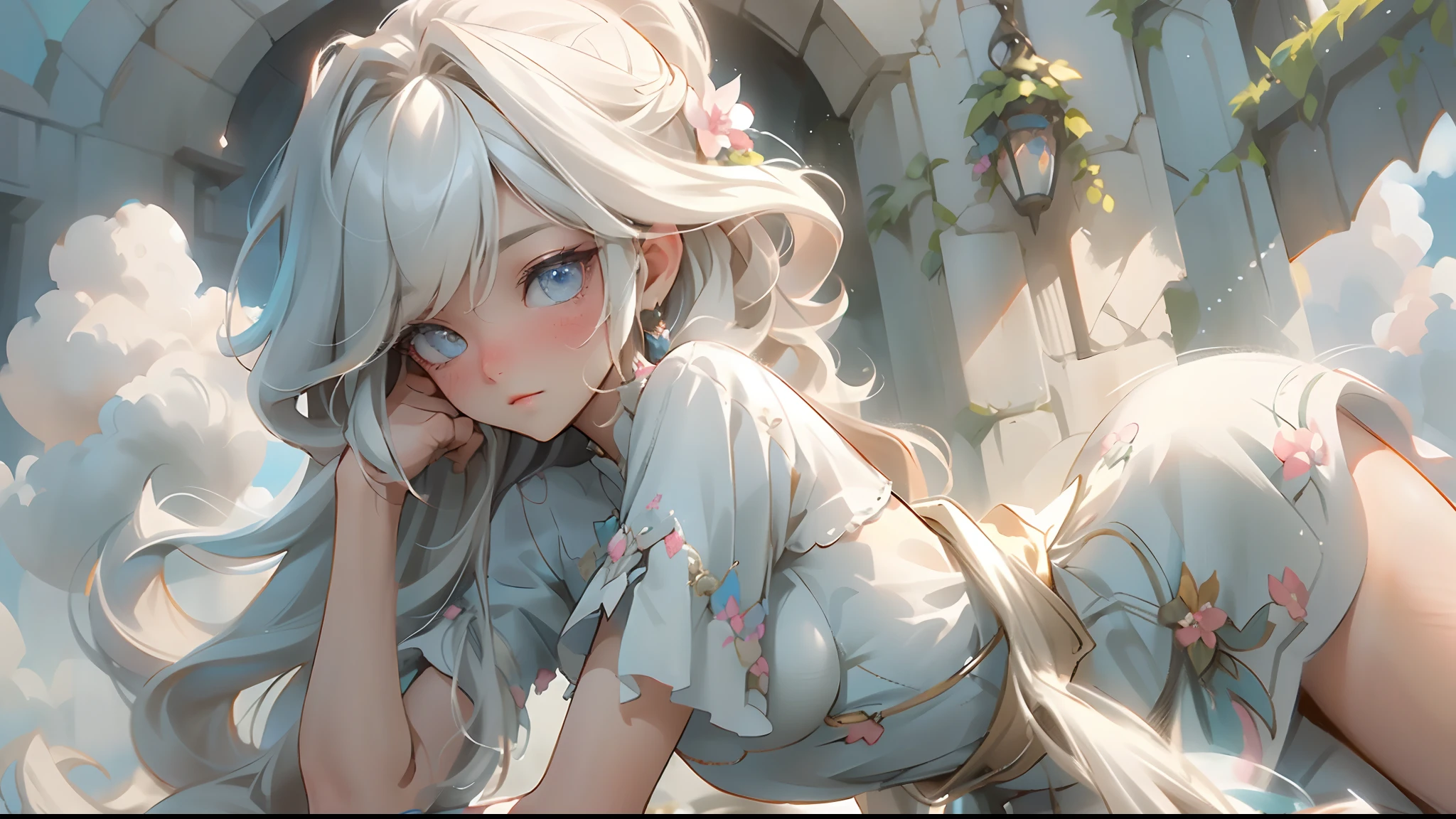 best quality,4k,8k,highres,masterpiece:1.2,ultra-detailed,realistic,extremely detailed eyes and face,long eyelashes,beautiful detailed eyes,beautiful detailed lips,2girls,a girl in a cloud world,made out of clouds,fluffy clouds,soft and ethereal,misty atmosphere,lovely pastel colors,dreamlike setting,whimsical landscape,delicate,airy,surreal scenery,ethereal lighting,soft and gentle light,subtle shadows,heavenly glow,serene ambiance,tranquil and peaceful,vaporous,soft edges,gentle breeze,playful and carefree,light and floaty movements,silky and flowing dresses,graceful poses,magical and whimsical,otherworldly feel,like a fairytale,unreal and serene beauty
