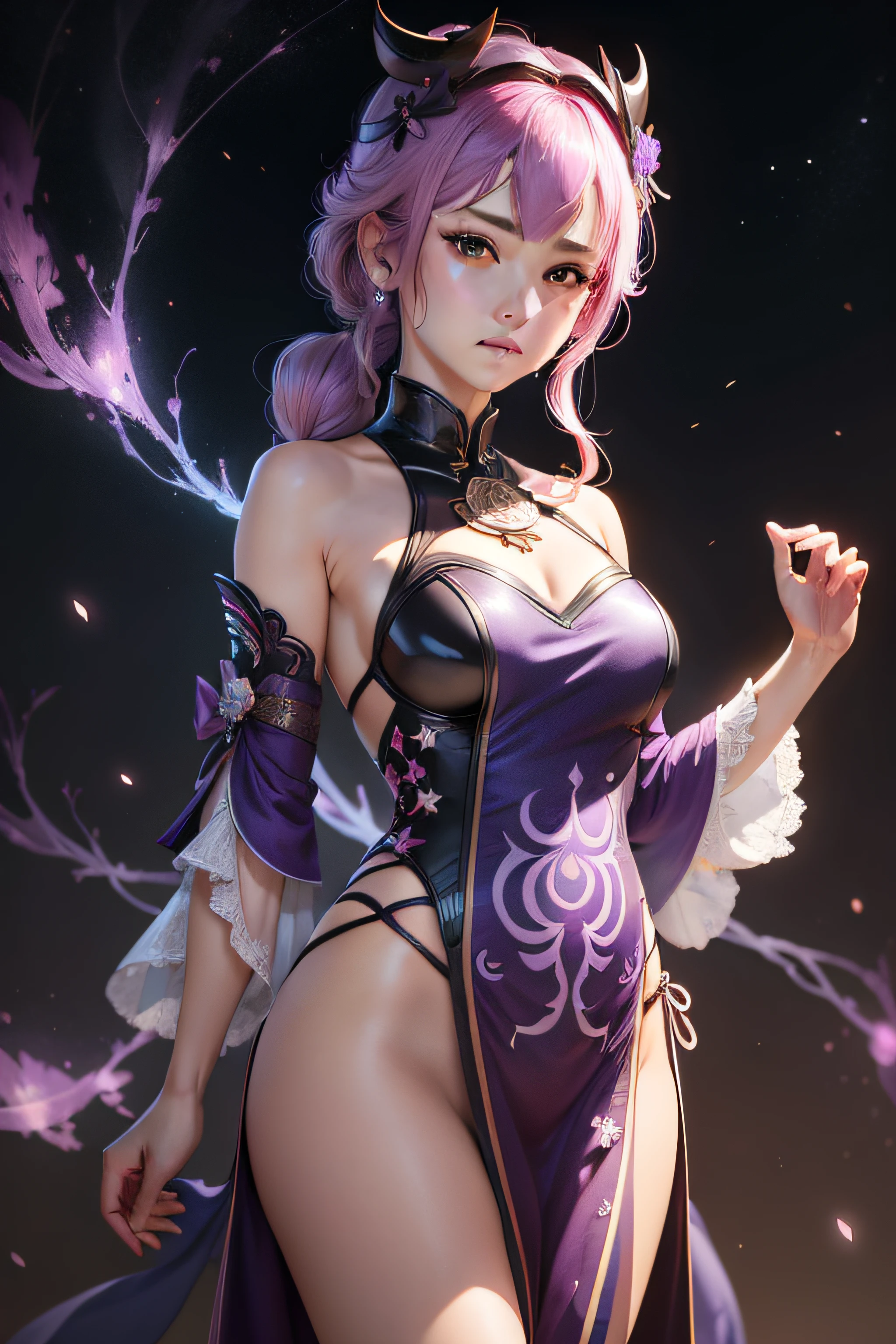 Genshin carved Haru，fond violet，Brilliant starry sky，Full character photo，Genshin logo，Engraved clear sign，Thunderbolt sign，Natural skin texture，ultra-realistic realism，the soft light，sharp
