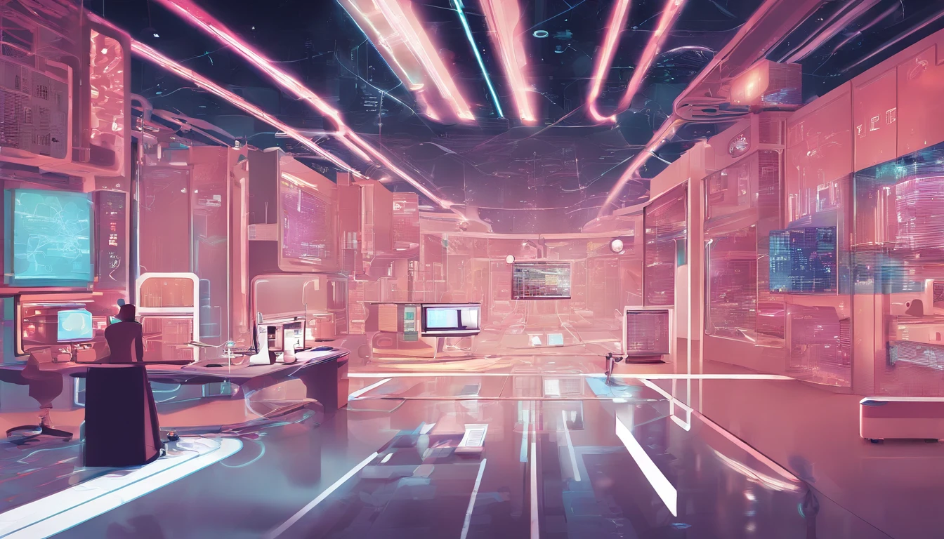 Create a 3D scene that portrays an interaction hub for AI chatbot development. Envision a vibrant space where AI-powered chatbots engage in dynamic conversations with users. Surround the central area with screens displaying chatbot interfaces and graphs illustrating data analysis. Incorporate AI-themed elements like circuit pathways and virtual assistants collaborating to exemplify the agency's prowess in AI technology.