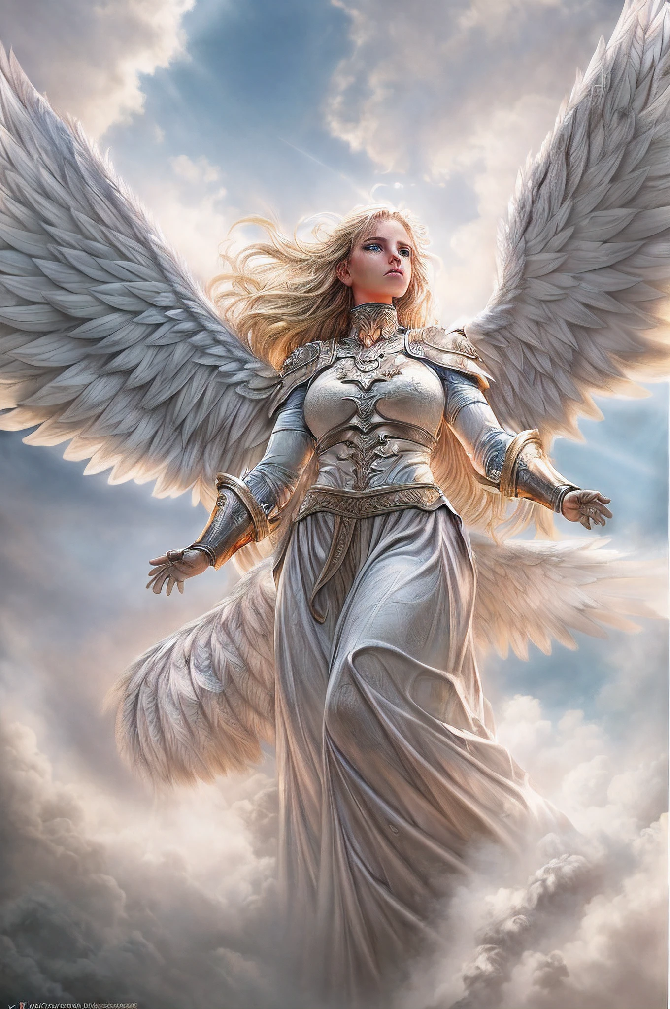 a picture of an archangel, flying in the sky (best details, Masterpiece, best quality :1.5), cloudy skies background, an epic a female angel (best details, Masterpiece, best quality :1.5) extremely beautiful woman angel,  blond hair, intense eye, angel_wings, angel wings wide spread, ultra feminine, ultra detailed face, wearing heavenly armor,  birds view, sun rays, divine rays, sense of divinity, sense of awe majestic atmosphere, ultra best realistic, best details, best quality, 16k, [ultra detailed], masterpiece, best quality, (extremely detailed), ultra wide shot, photorealism, depth of field, hyper realistic painting,