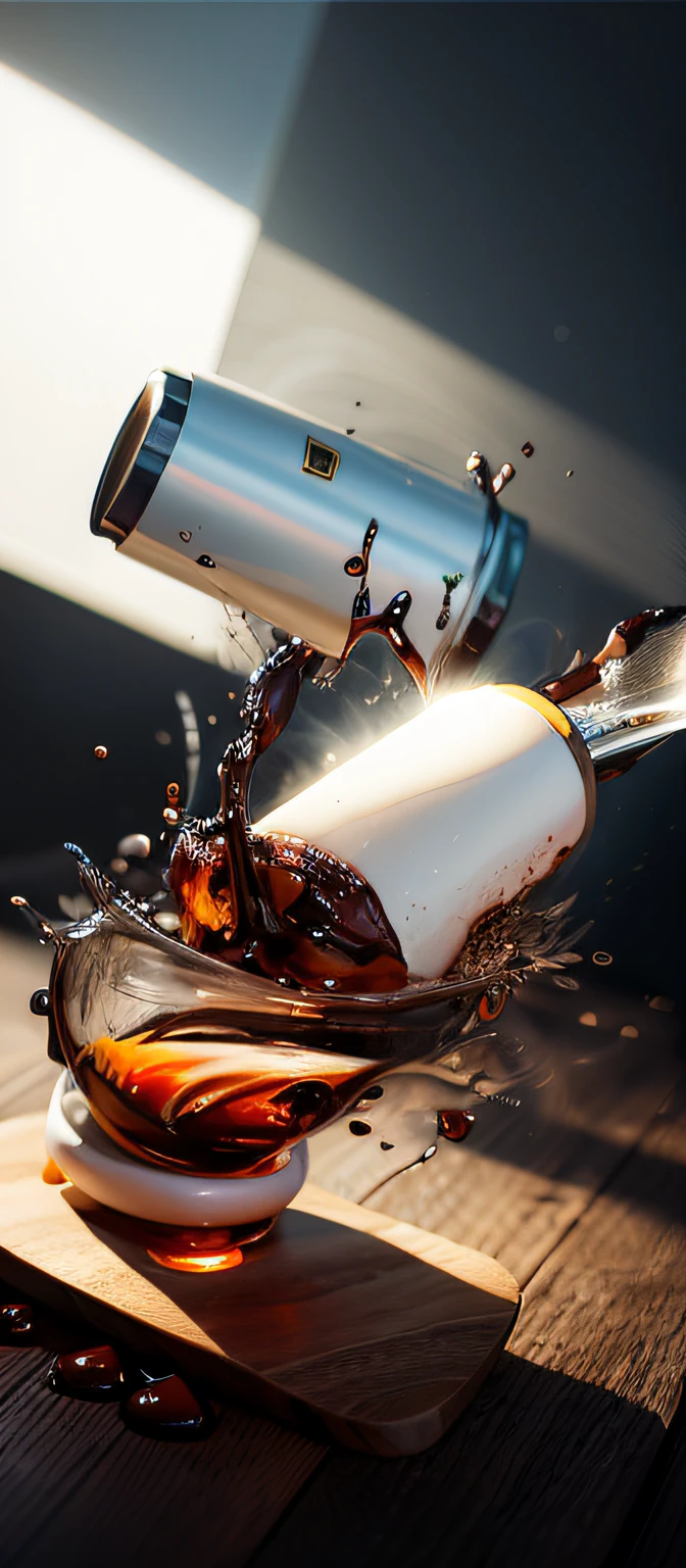 Pour the chocolate sauce into the cup, spilt coffee, dramatic product photography, commercial product photography, pouring, dramatic product lighting, Very intense, swimming in a pool of coffee, dramatic product shot, caramel, advertising photograph, high qualityProduct photography, stunning images, !!Award-winning!!, author：Matthias Koroth, Coffee liquid atmosphere background，of a real，OC rendering