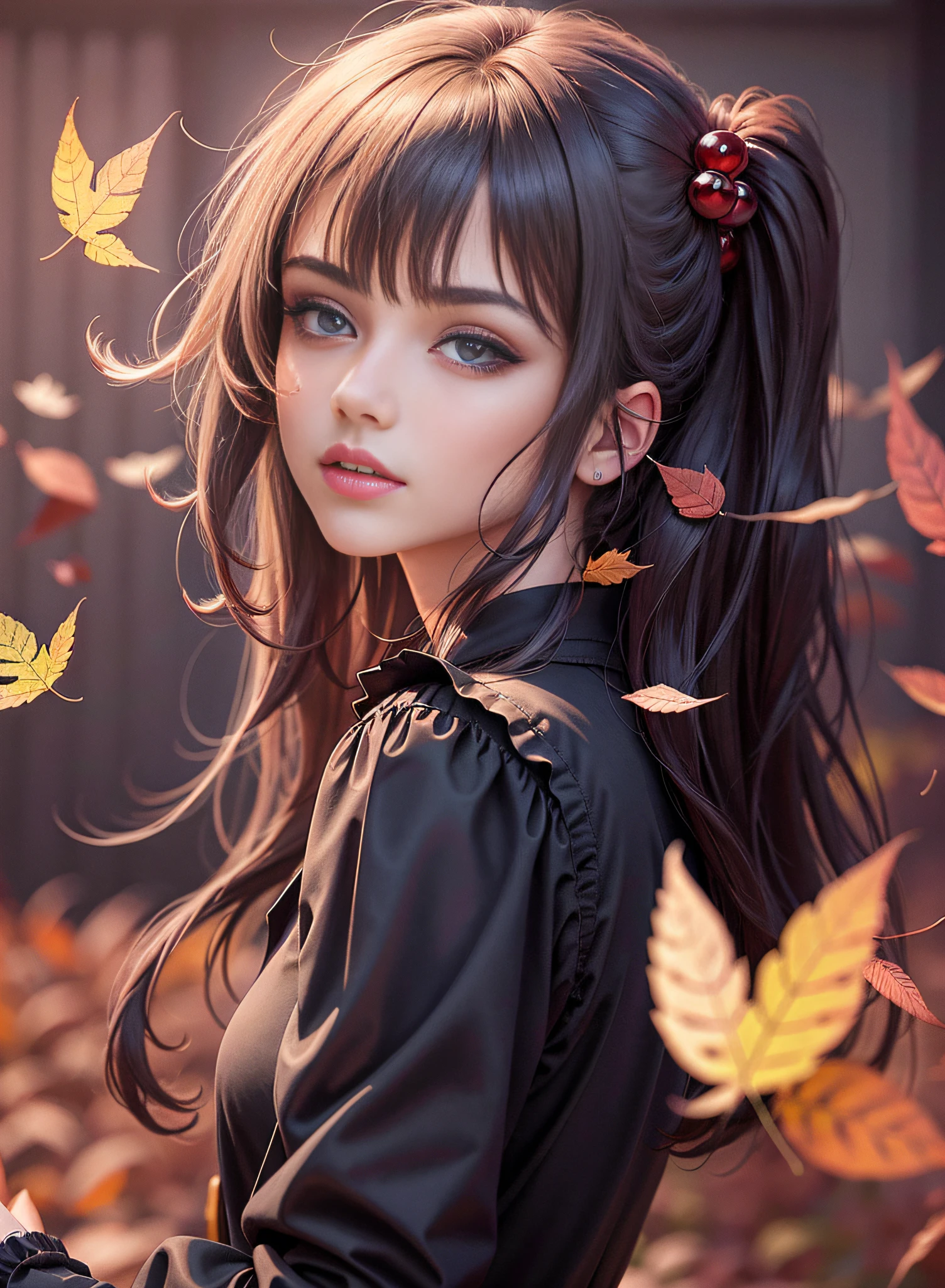Best quality，Masterpiece，A high resolution，best qualtiy，(Photorealistic:1.4)，the wallpaper，1girll，The upper part of the body，exteriors，Autumn leaves，Blush，A detailed的脸，Super realistic， A detailed， photoshoot， Realistick faces and bodies， photo-realistic hair， photorealistic eye，realistic nose，realistic lips，sleek，Dark hair，Red eyes，Red pupils，Beautiful eyes，8K，slenderness，Dynamic light and shadow，The eyes are delicate，Sharp pupils，pupil realistic，looking at viewert