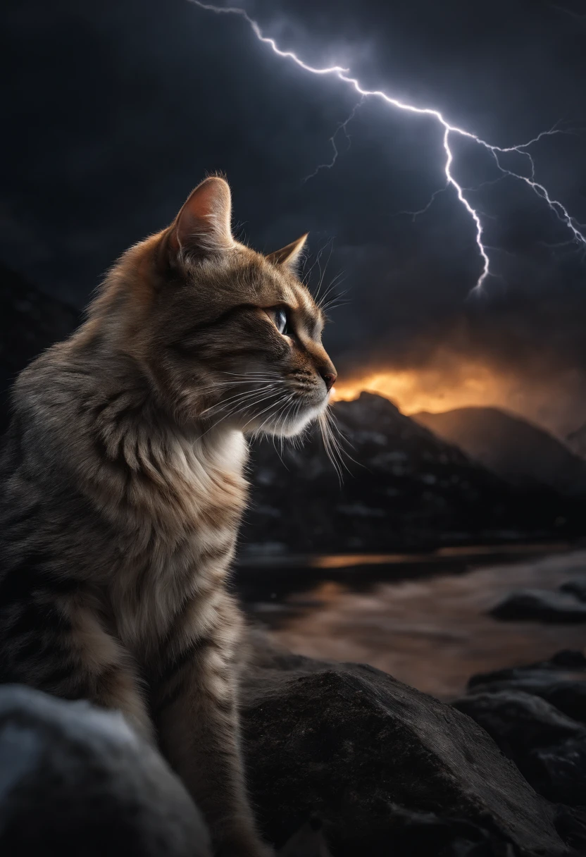 Cat God, hyper-realistic, tense, cold, highly detailed, sharp, professional, 8k UHD focus, cinematic, dark, violent, outdoor, river, battle, chase, dramatic, vivid, nervous environment, rendered, epic, twilight, HDR, album cover, snowstorm, lightning, cataclysmic