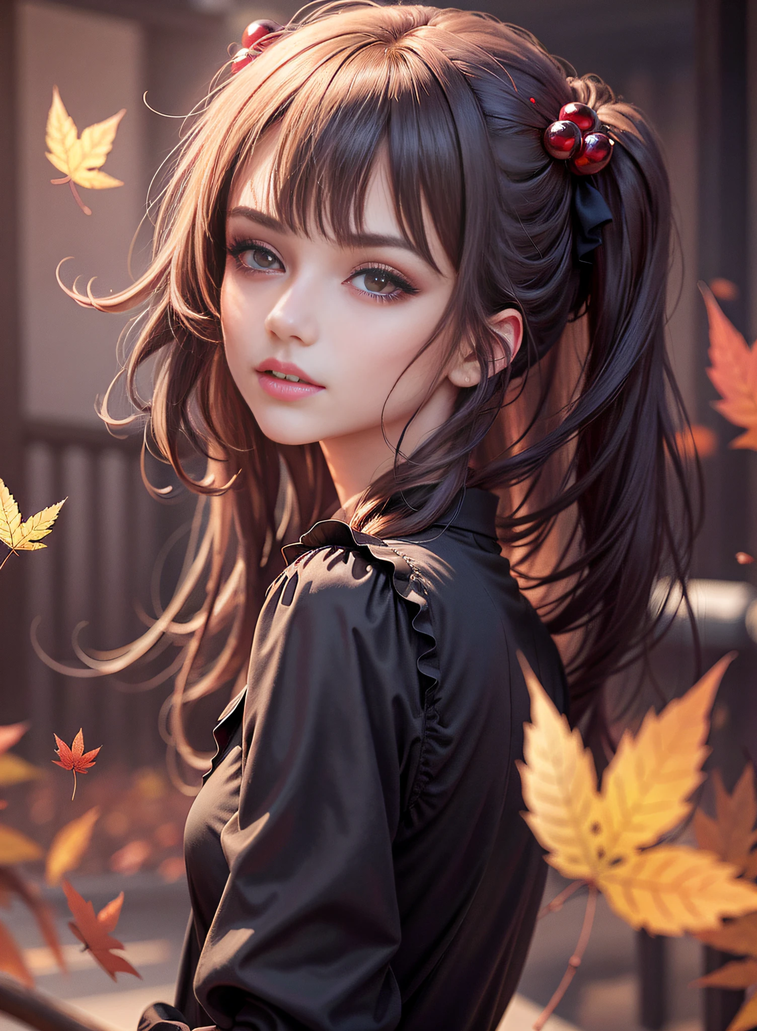 Best quality，Masterpiece，A high resolution，best qualtiy，(Photorealistic:1.4)，the wallpaper，1girll，The upper part of the body，exteriors，Autumn leaves，Blush，A detailed的脸，Super realistic， A detailed， photoshoot， Realistick faces and bodies， photo-realistic hair， photorealistic eye，realistic nose，realistic lips，sleek，Dark hair，Red eyes，Red pupils，Beautiful eyes，8K，slenderness，Dynamic light and shadow，The eyes are delicate，Sharp pupils，pupil realistic，looking at viewert
