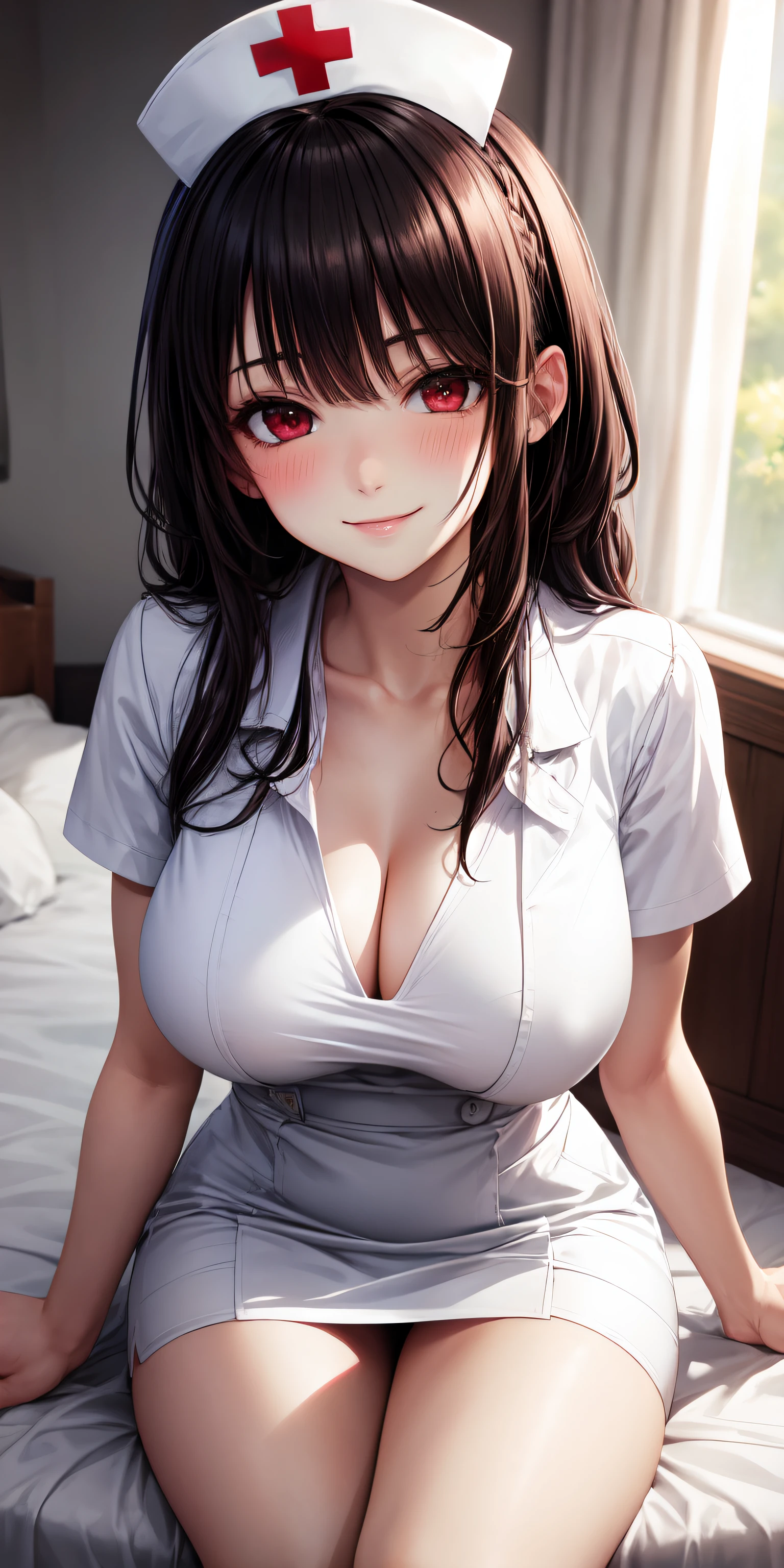 masterpiece, best quality,Extreme Detail, Super detailed,High resolution, HD, 4K
beautiful eyes, beautiful hair, Beautiful side, beautiful skin,dutch angle, black hair, red eyes, Long Hair, Big Breasts,nurse, Nurse's hat, breast implants, dresses with collars, short skirt, short sleeves, thigh, white dress, white hat,Viewer-oriented,sit cross-legged, lie, pov bed, blush, gentle,mischievous smile,