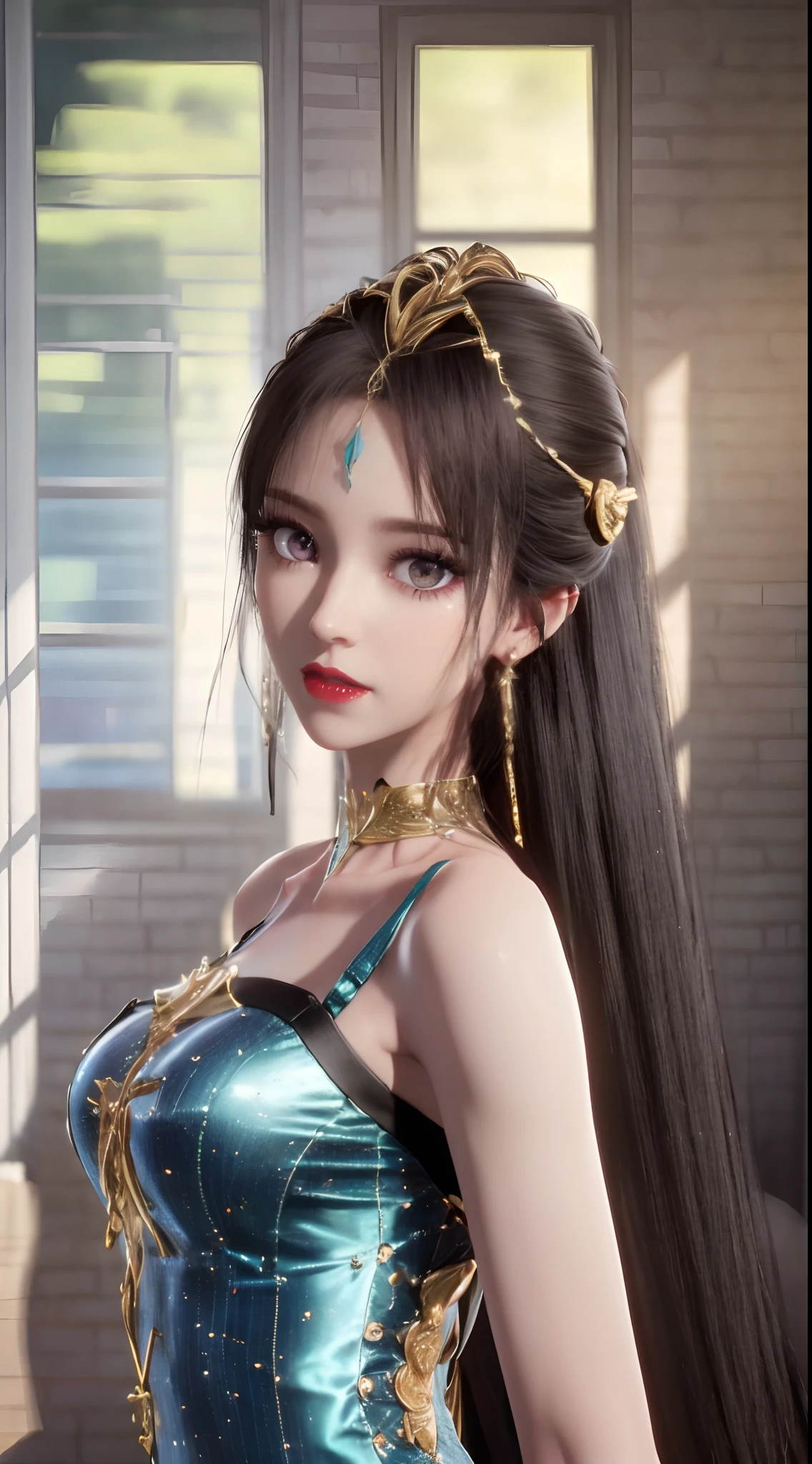 "1 beautiful girl in traditional dress, wearing a Chinese traditional ao dai in luminous blue color, The ao dai uses blue as the main color, black on the chest and yellow border, long hair and black bangs, most beautiful and detailed hair jewelry, Super cute little face Extremely beautiful face, thin eyebrows, the most beautiful and flawless face, ((black eye pupil:0.8)), very beautiful eyes, ((purple eyes:1.4)), hairy beautiful and detailed makeup eyelashes, high nose, earrings,thin lips, plump red lips, ban on laughing, beautiful lips, slender arms, The most beautiful thighs, ((2 arms reaching out to the sides: 1.5)), healthy limbs, rosy face, clean face, beautiful face without blemishes, smooth white skin, (big breasts: 0.9)), Blums breasts, ((big and super round breasts: 0.9)), ((super tight breasts: 1.2)), ((breast augmentation: 0.8)), beautiful breasts, 2 hands behind your back, upper body of a beautiful girl, 8k photo, super high quality, super realistic, 10x super pixels, actual photo, dark studio, border light, two-tone lighting color, (high detail skin: 1.2), 8k ultra, soft light, high quality, volumetric light, candid, Photo, high resolution, light, best photo, 4k quality, 8k, bokeh, Smooth and sharp, 10x pixelated, (galaxy: 1.7), aurora, lightning, super graphics, most realistic graphics, alone, solo, ((portrait:1.5)), Extremely sharp, surreal image, ((upper body:1.5))."