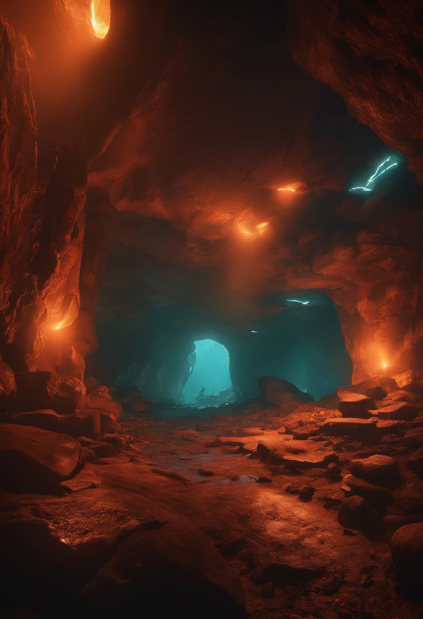 Cave cave interior scene, Horizontal scene, Game sideboard scene, Retro cyberpunk style, The Age of Steam, Parallel perspective, Cyberpunk, Lava cave scene, Heads-up, Retro