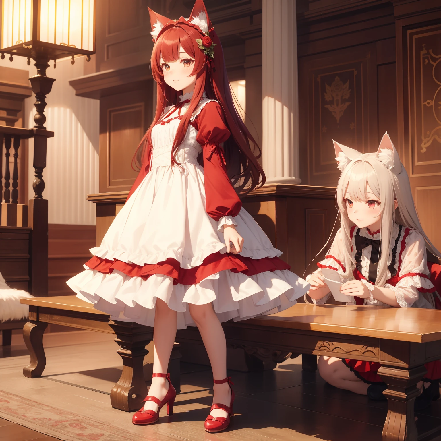 Lace dress，Multi-layered dress，laced dress，Color dress ，full bodyesbian，shoe，head gear, standing on your feet，Red long-haired，red color eyes，Wolf ears，nekomimi