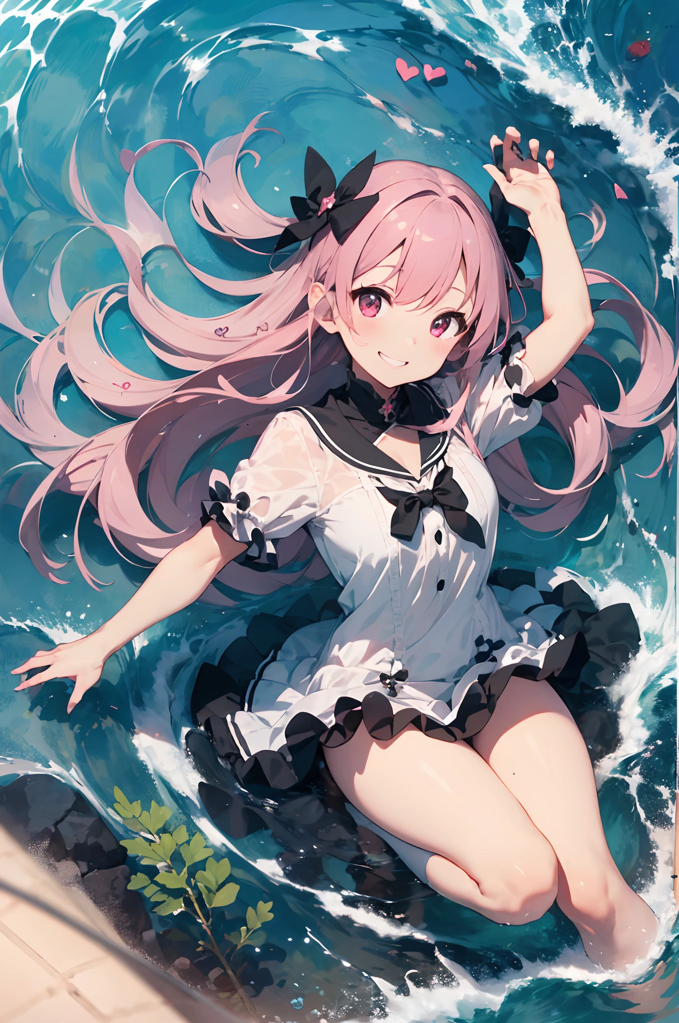 Girl、cute、Yandere、Menhera、Idol、Lori、コン、cute、【Blue or purple eyes】、【Odd Eye】、Pink Hair、Long Hairstyles、Twin tails、Cat ear、Big ribbon、cute、Spoiled、Watery eyes、heart，smile、be happy、Red cheeks、Ocean、dress swimsuit、Water gun、playing、Water Play