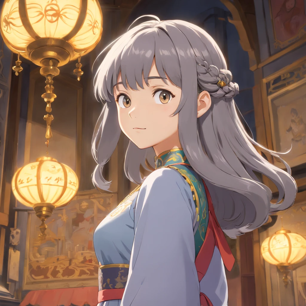 highly detailed, 8k, masterpiece, 1girl, Grey two-tone_hair, dress , , (perfect_face), ornate, intricate, dramatic lighting, 4k, detailed_background, caustics, portrait, , from_side