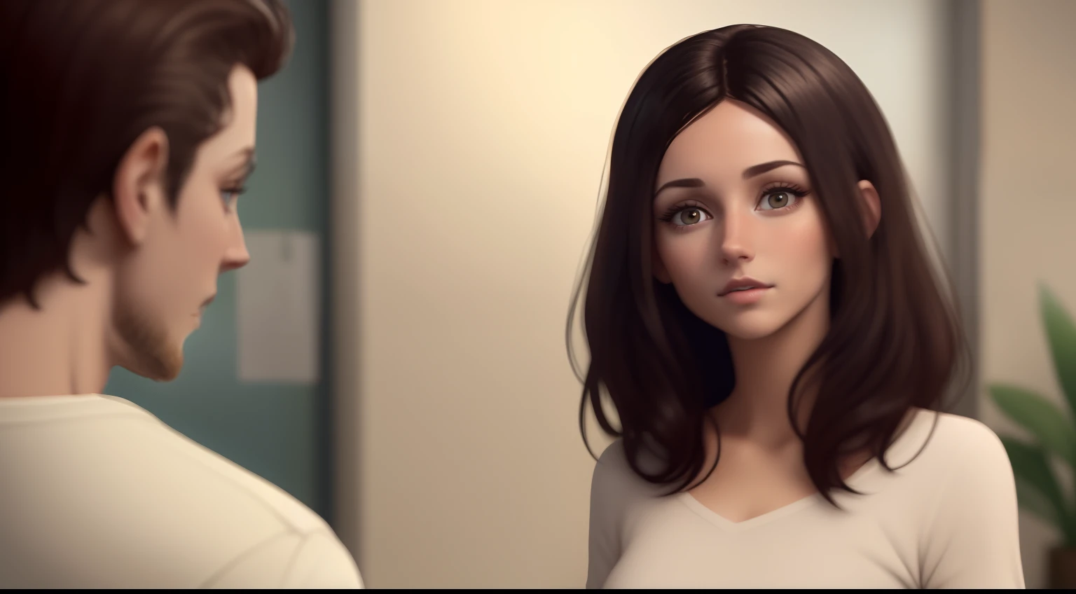 Ryan looking at a beautiful young woman wirh dark hair, in a community center, animated style, UHD
