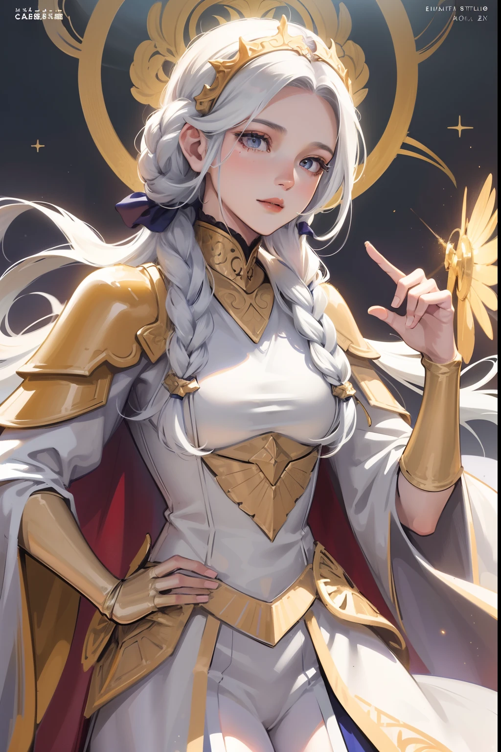 (masuter piece,Best Quality,Ultra-detailed), (A detailed face), Edelgard von Hresvelg, Movie Posters, hight resolution, 1girl in, (front-facing view), White hair, length hair、Braided side locks, Gold Eye, Emperor's costume, The upper part of the body, flat-chest, (Beautiful Detail Eye: 1.1), (Detailed hand), (Detail light: 1.1), Desportivo, Film Light, Pale skin type, (looking at the viewers), (magazine:1.3), (cover-style:1.3), Textured skin, Super Detail, Tarot Boundary, border, Alfonse Mucha, Dynamic streaks, locus:1.2, Dim color scheme, portraitures, Look at viewers, 独奏, (full body Esbian:0.6), A detailed face, soft smiling, Dynamic Poses, (Ancient Mesopotamian theme), Sumerian, Mesopotamian mythology, Uruk, ziggurat, Demigod, white robes, laurel, (A thriving civilization), Ancient palaces, stele, particles floating, Fire emblem