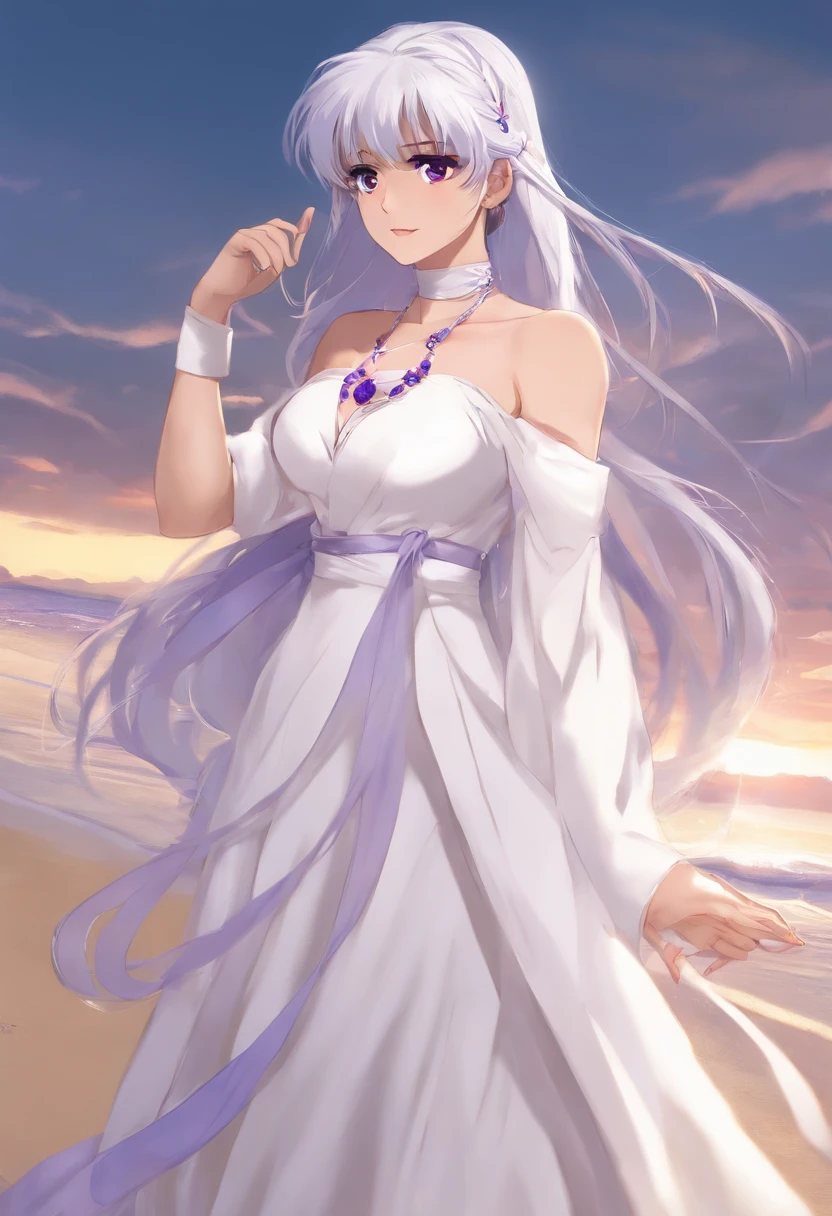 1girl,highres, high quality, masterpiece, mxmkWhiteDress, bare shoulder, purple eyes, white dress, braid, chocker, beach inuyasha