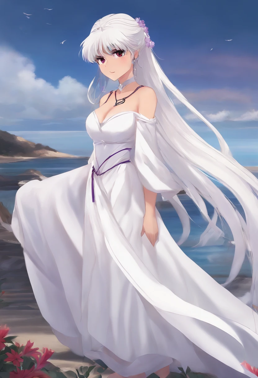 1girl,highres,  high quality,  masterpiece, mxmkWhiteDress,  bare shoulder, purple eyes, white dress, braid, chocker, beach inuyasha