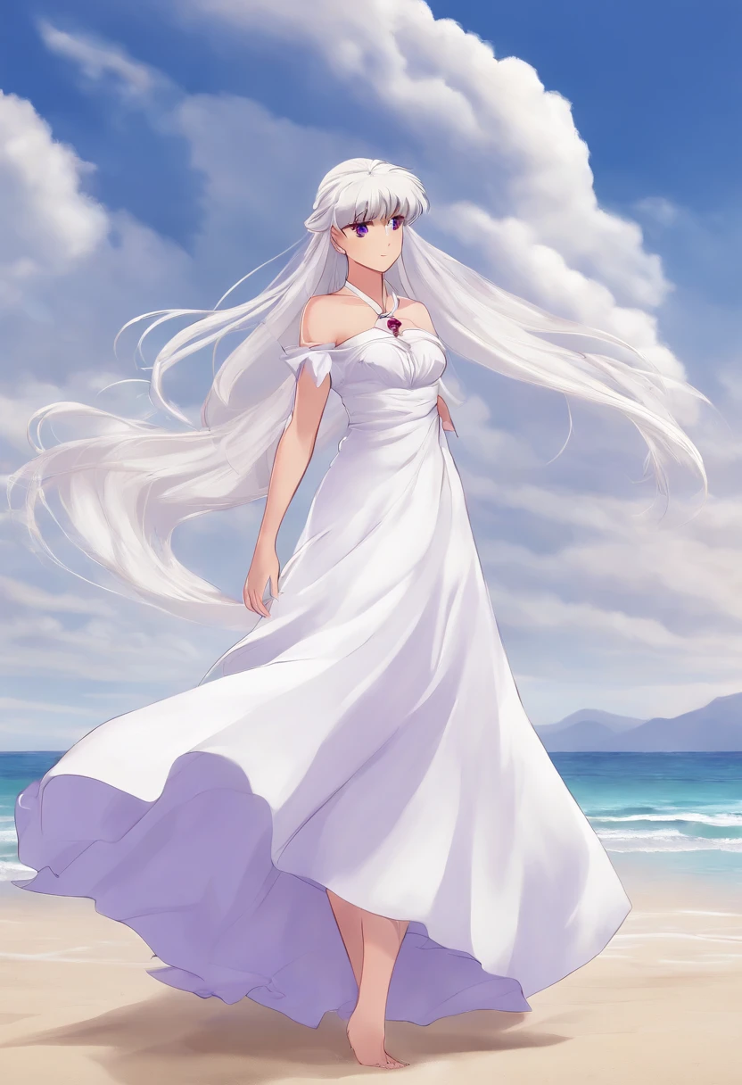 1girl,highres,  high quality,  masterpiece, mxmkWhiteDress,  bare shoulder, purple eyes, white dress, braid, chocker, beach inuyasha