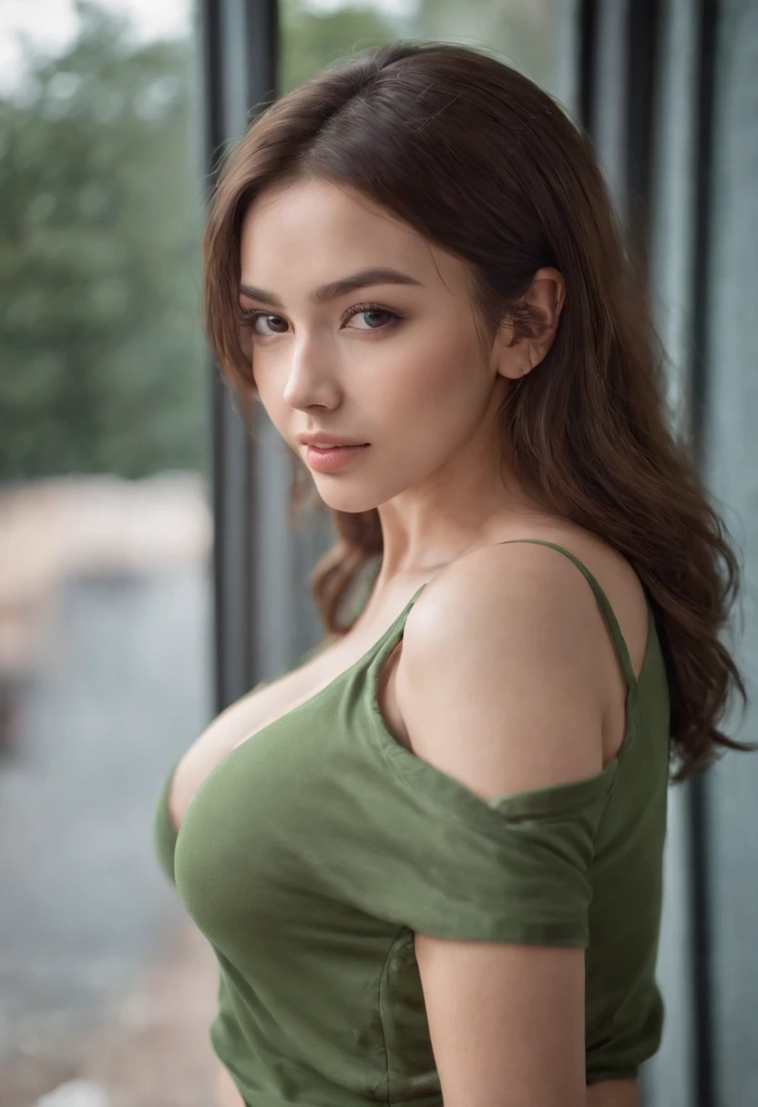 arafed woman in a club posing for a picture, sexy girl, cleavage, jaw dropping beauty, sfw huge breasts, barbara hammer 4 k, brown hair and a perfect body, beautiful goddess, portrait sophie mudd, beautiful detailed body and face, gorgeous latina face, gorgeous face and figure, gorgeous woman, jaw-dropping beauty, fair complexion, woman around 19 years old, ultra sharp focus, realistic, green shirt, panties, smug, brown hair, busty, , cute, messy hair, on kness, cleavage window, tiny people, tall female, busty, sexy, big boobs, petite, cute, glasses, playful, smug, long legs, tight clothes, butt focus, big boobs, hot, thigh highs
