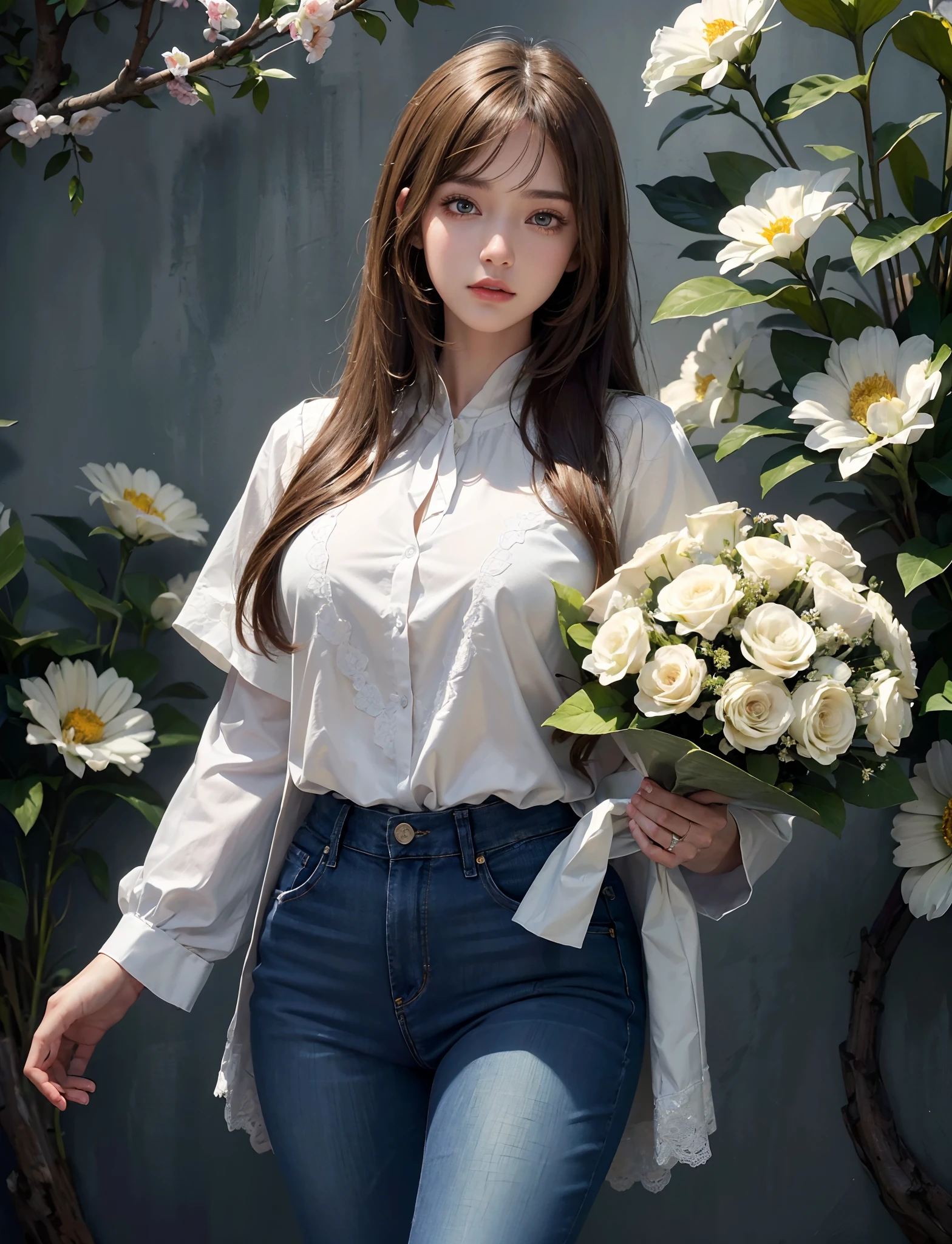 (Ultra photo realsisim), (illustration), (high resolution), (8K), (Very detailed), (Best Illustration), (Beautiful and detailed eyes), (Best quality), (Masterpiece), (the wallpaper), (Detailed face), Solo, One girl, finedetail, Detailed face, In the dark, Wear jeans,whitet-shirt,Dark blonde shawl straight hair, bangs,Holding a Bouquet of Flowers in Her Hand