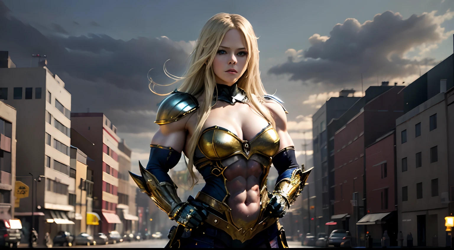 Avril Lavigne, cute face, perfect face, DD-cup breasts, in gold and blue Cancer armor, superhero muscles, full-length photo, standing in a city, full-lenght photo