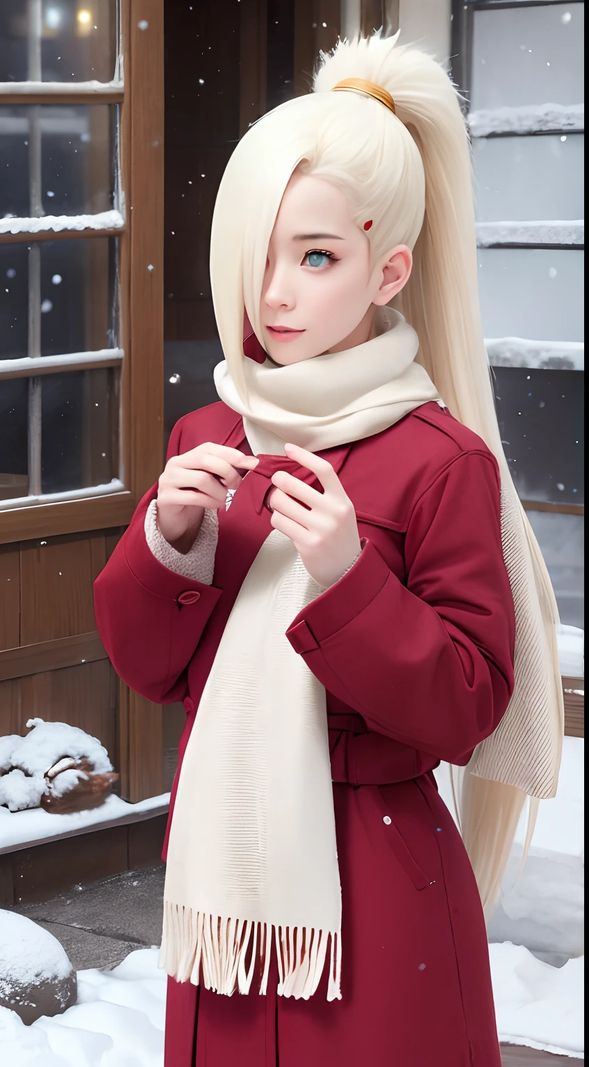 yamanaka ino, scarf, winter clothes, outdoors, snow, snowing, christmas,