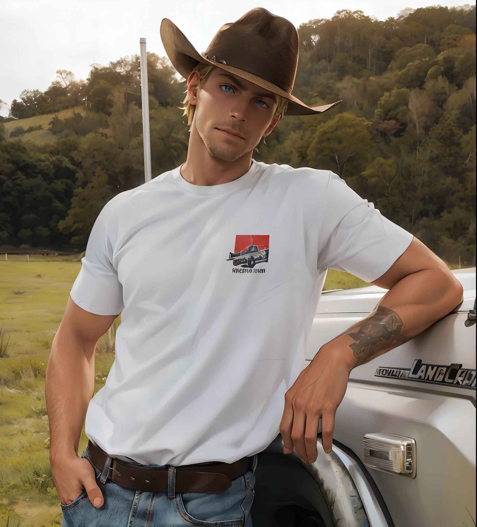 Handsome man , with blonde hair , spiky hair , short hair , blue eyes , muscular, has stubble , mature man , wearing a white shirt , cowboy hat , blue jeans