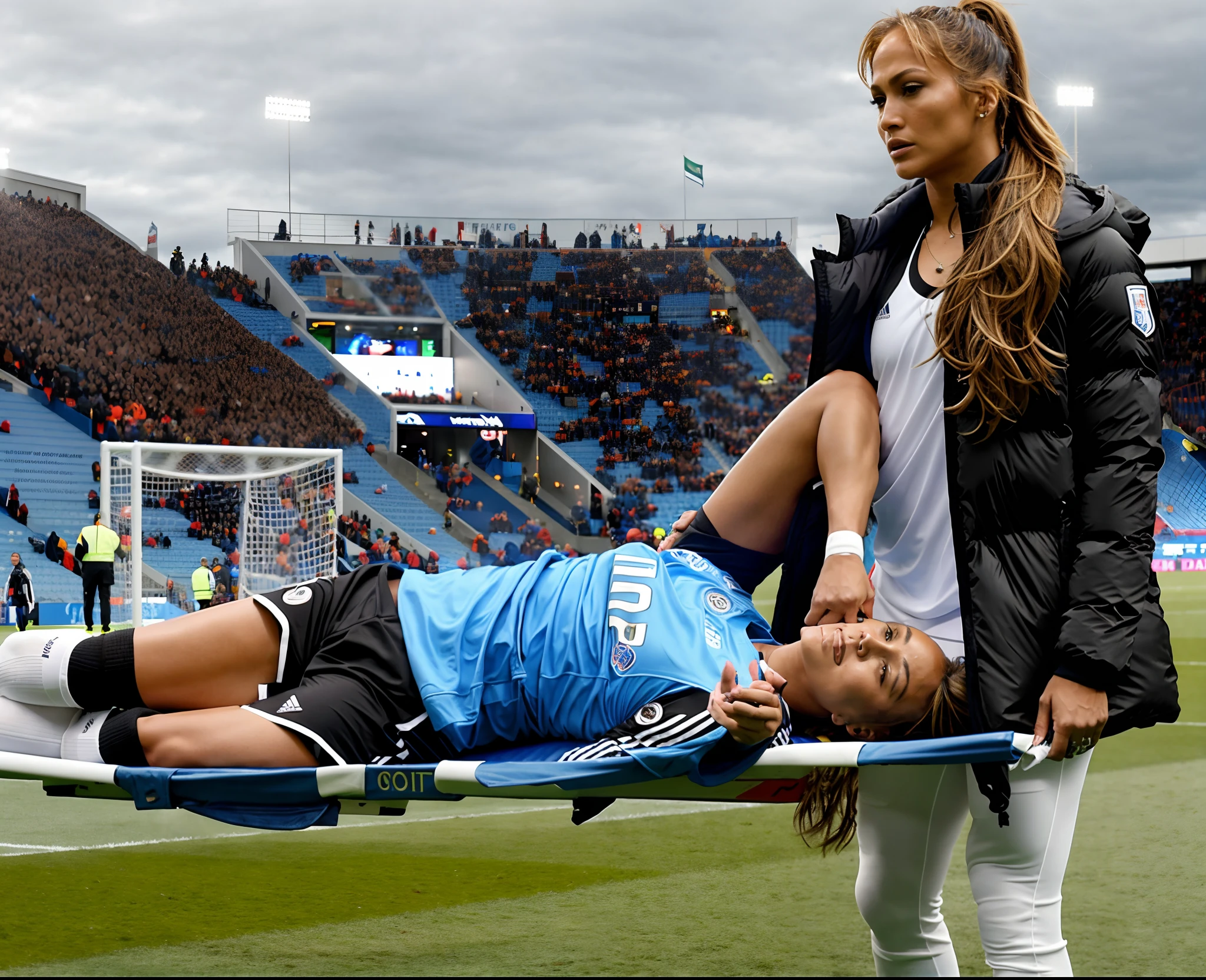 his hands are covering his face, the man has put his hands over his face, both hands are in front of his face, bald man on a stretcher being carried by a woman, a soccer scene in a stadium in italy , Jennifer Lopez in a black high-gloss plastic downcoat in front of us with an angry face and an extremely horrified and desperate expression from right to left across the soccer field, Jennifer Lopez carries in a horizontal orientation a stretcher on which an injured footballer lies in dull and dusty blue sportswear, the footballer lies sideways on the stretcher with his legs slightly bent and his torso towards us and has both arms bent and hands in front of his face, the footballer's head on the trage lies close to Jennifer Lopez' deep black plastic downcoat and is concealed by the footballer's akimbo arms and hands, the footballer in the mat cotton sportswear has his hands clasped in pain in front of his face and radiates an aura of pain and sorrow, Jennifer Lopez in the shiny black plastic puffer coat carries the injured soccer player on the stretcher which she carries before our eyes over the soccer field, in the background you can see the occupied stands of the italian soccer stadium, a soccer game initaly, sports injury, transport on the stretcher, Jennifer Lopez, high-resolution photo, ultra-realistic photo, photorealistic shot, super high-resolution and sharp photo, shiny black plastic burka, best shot, impressive winning photo, realistic shot, perfect shot, injured, intense momentl, 📷