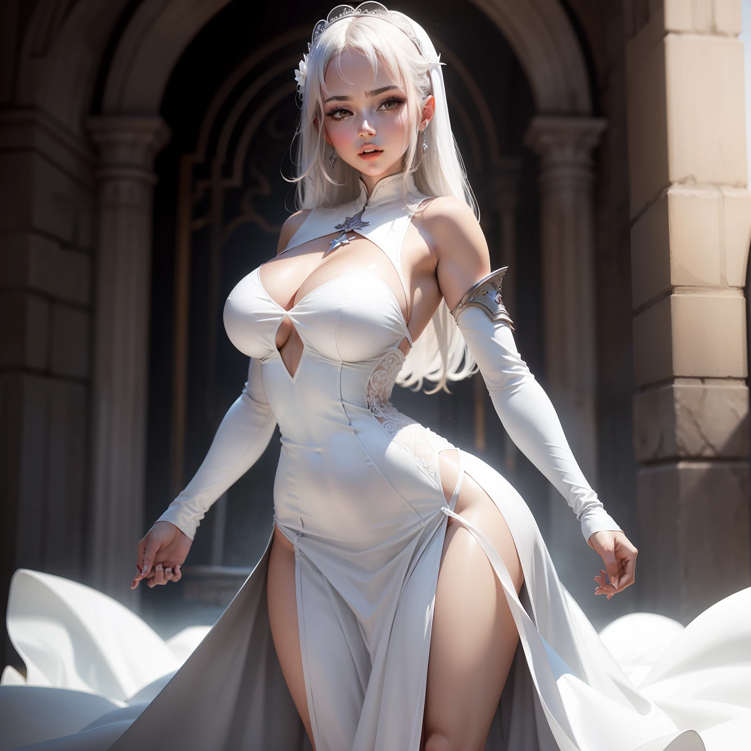 A priest woman warrior. Long Tight white dress have ruby . Posing. Sexy. Beautiful. Attractive.