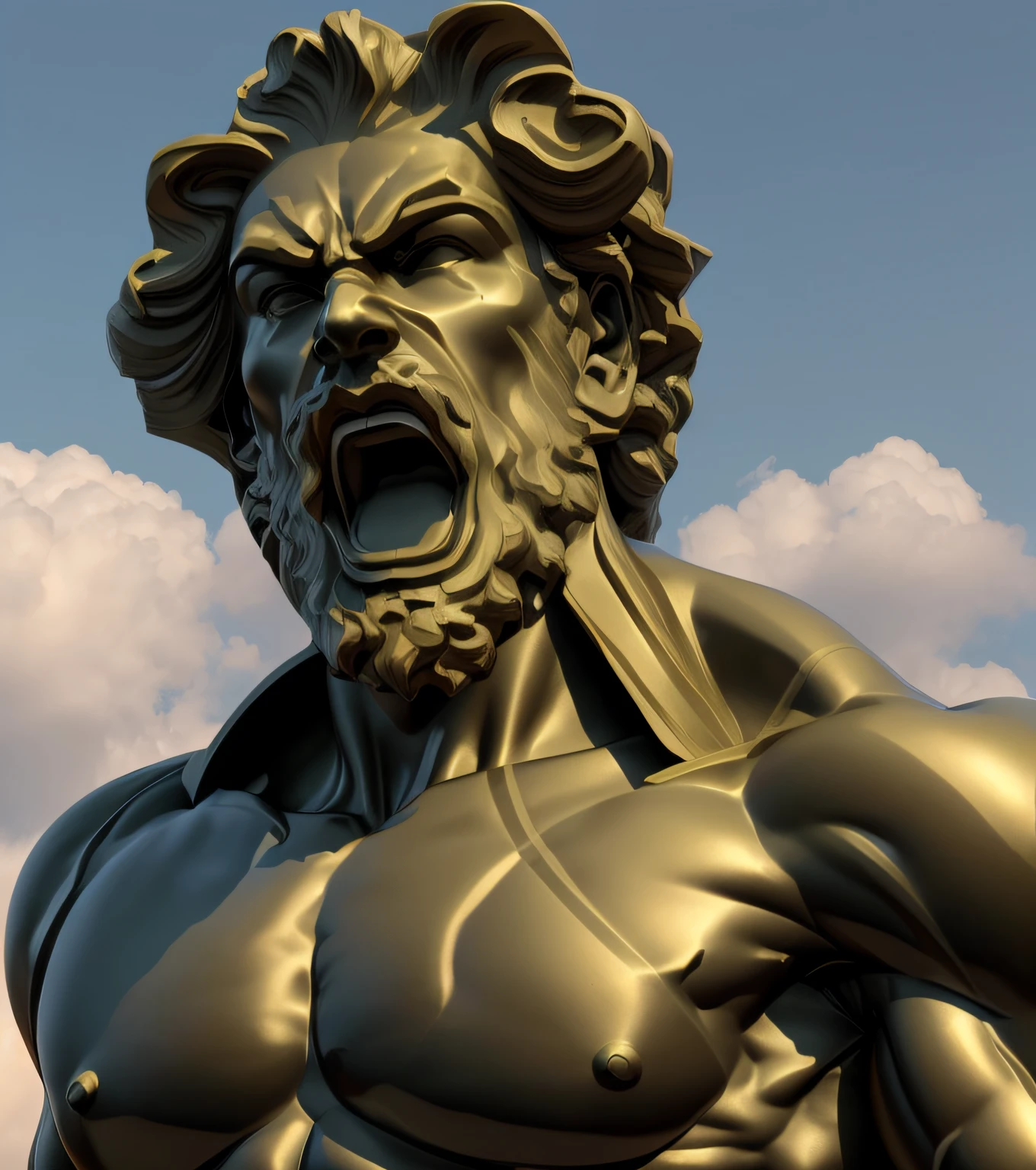 a closeup of a statue of a man with a large muscular body, statue of hercules looking angry, Furioso Deus Zeus, escultura realista de 8k bernini, classic sculpture, Esculpido, pose assustadora e raivosa, raiva. hiper detalhado, escultor, menacing statues, statue, greco roman statue, Greek statue, 3d statue!!!, Destaque no Zbrush Central, escultura de argila cgi