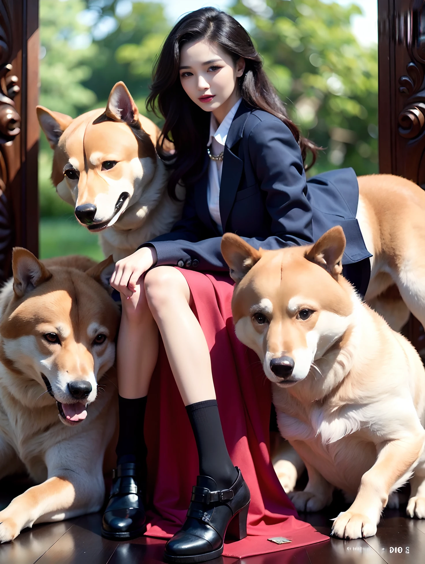 (best quality,4k,8k,highres,masterpiece:1.2),ultra-detailed,(realistic,photorealistic,photo-realistic:1.37), woman with dogs