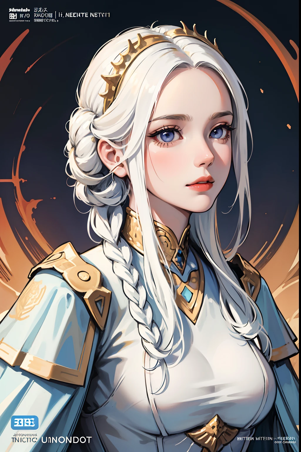 (masuter piece,Best Quality,Ultra-detailed), (A detailed face), Edelgard von Hresvelg, Movie Posters, hight resolution, 1girl in, (front-facing view), White hair, length hair、Braided side locks, Gold Eye, Emperor's costume, The upper part of the body, flat-chest, (Beautiful Detail Eye: 1.1), (Detailed hand), (Detail light: 1.1), Desportivo, Film Light, Pale skin type, (looking at the viewers), (magazine:1.3), (cover-style:1.3), Textured skin, Super Detail, Tarot Boundary, border, Alfonse Mucha, Dynamic streaks, locus:1.2, Dim color scheme, portraitures, Look at viewers, 独奏, (full body Esbian:0.6), A detailed face, soft smiling, Dynamic Poses, (Ancient Mesopotamian theme), Sumerian, Mesopotamian mythology, Uruk, ziggurat, Demigod, white robes, laurel, (A thriving civilization), Ancient palaces, stele, particles floating, Fire emblem