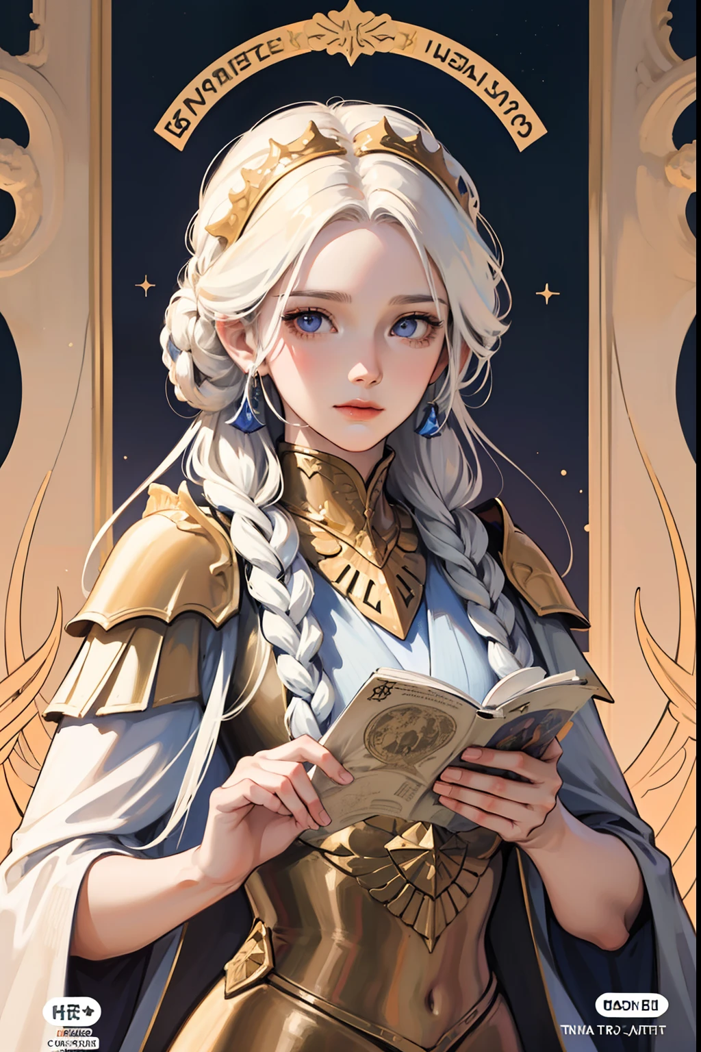 (masuter piece,Best Quality,Ultra-detailed), (A detailed face), Edelgard von Hresvelg, Movie Posters, hight resolution, 1girl in, (front-facing view), White hair, length hair、Braided side locks, Gold Eye, Emperor's costume, The upper part of the body, flat-chest, (Beautiful Detail Eye: 1.1), (Detailed hand), (Detail light: 1.1), Desportivo, Film Light, Pale skin type, (looking at the viewers), (magazine:1.3), (cover-style:1.3), Textured skin, Super Detail, Tarot Boundary, border, Alfonse Mucha, Dynamic streaks, locus:1.2, Dim color scheme, portraitures, Look at viewers, 独奏, (full body Esbian:0.6), A detailed face, soft smiling, Dynamic Poses, (Ancient Mesopotamian theme), Sumerian, Mesopotamian mythology, Uruk, ziggurat, Demigod, white robes, laurel, (A thriving civilization), Ancient palaces, stele, particles floating, Fire emblem