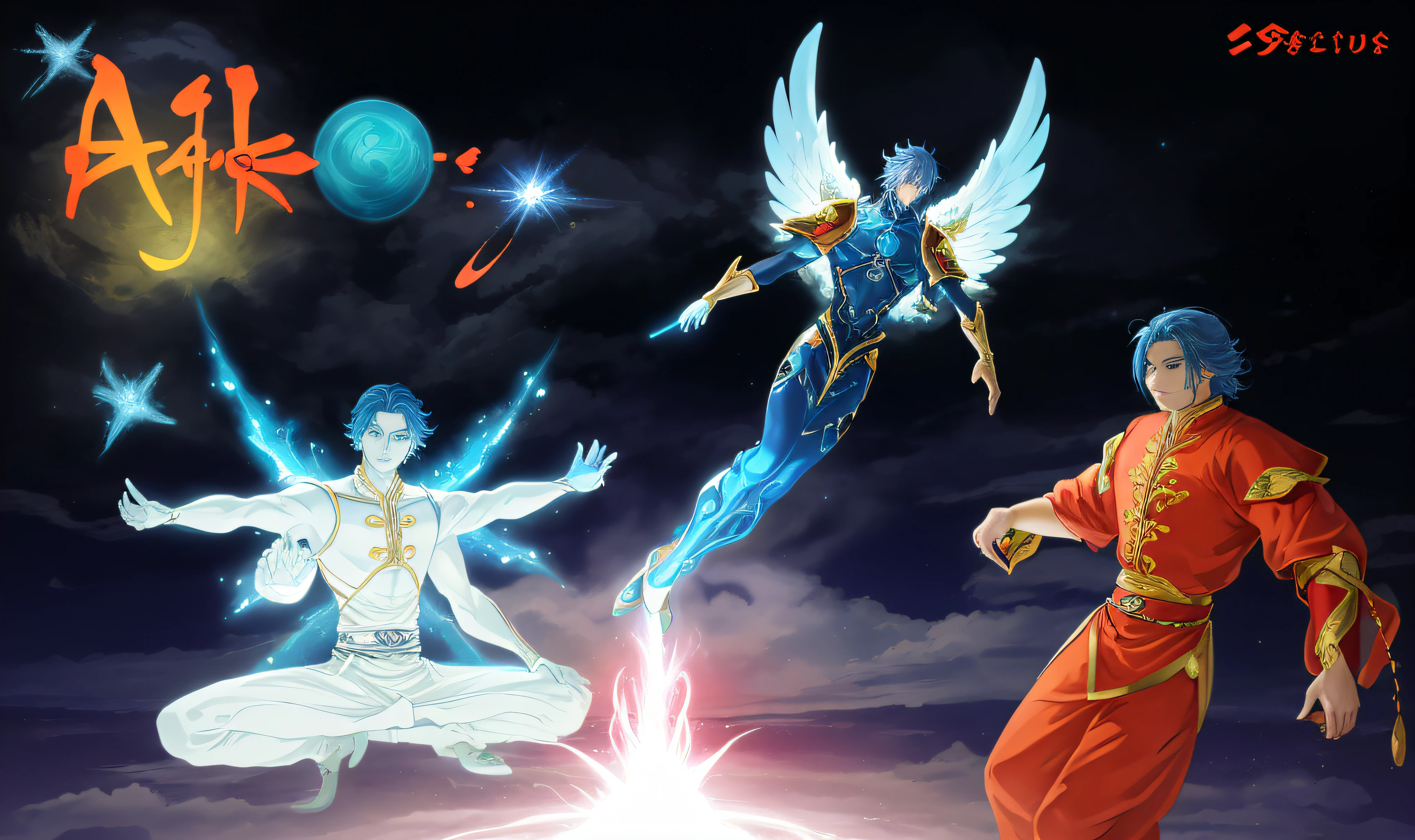 There are three different color images of a man with 6 arms, cabelos loiros e olhos rosas, um homem de pele azul e com asas, e um homem de cabelo azul e olhos azuis, sarados, Bonito, some cosmic angels, inspirado em Hiromu Arakawa, Energy Dynamic Pose, inspired by Mœbius, arte de fundo, an epic anime of a energy man, Transhumanist Dance, energetic beings patrolling, hero pose colorful city lighting, Power of the Auras, fan art, Fanart, Ultra realista, 8.