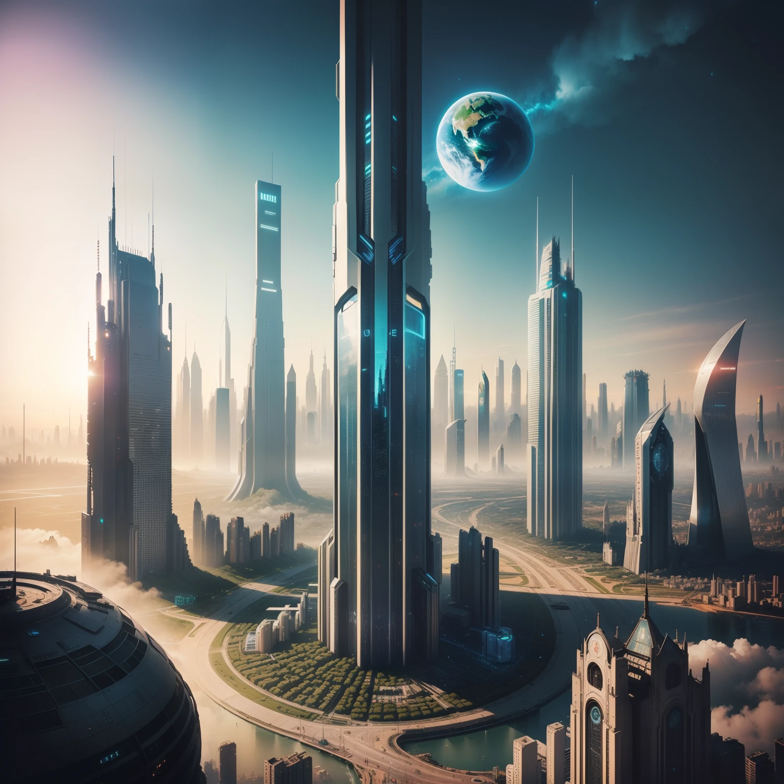 cyberpunked、Futuristic cities、planet earth、Huge skyscrapers cyberpunked.SFart by、Utopian City、Megacities、dream、top-quality masterpiece、Beautiful cities of the future Space City during daytime naturey Castles