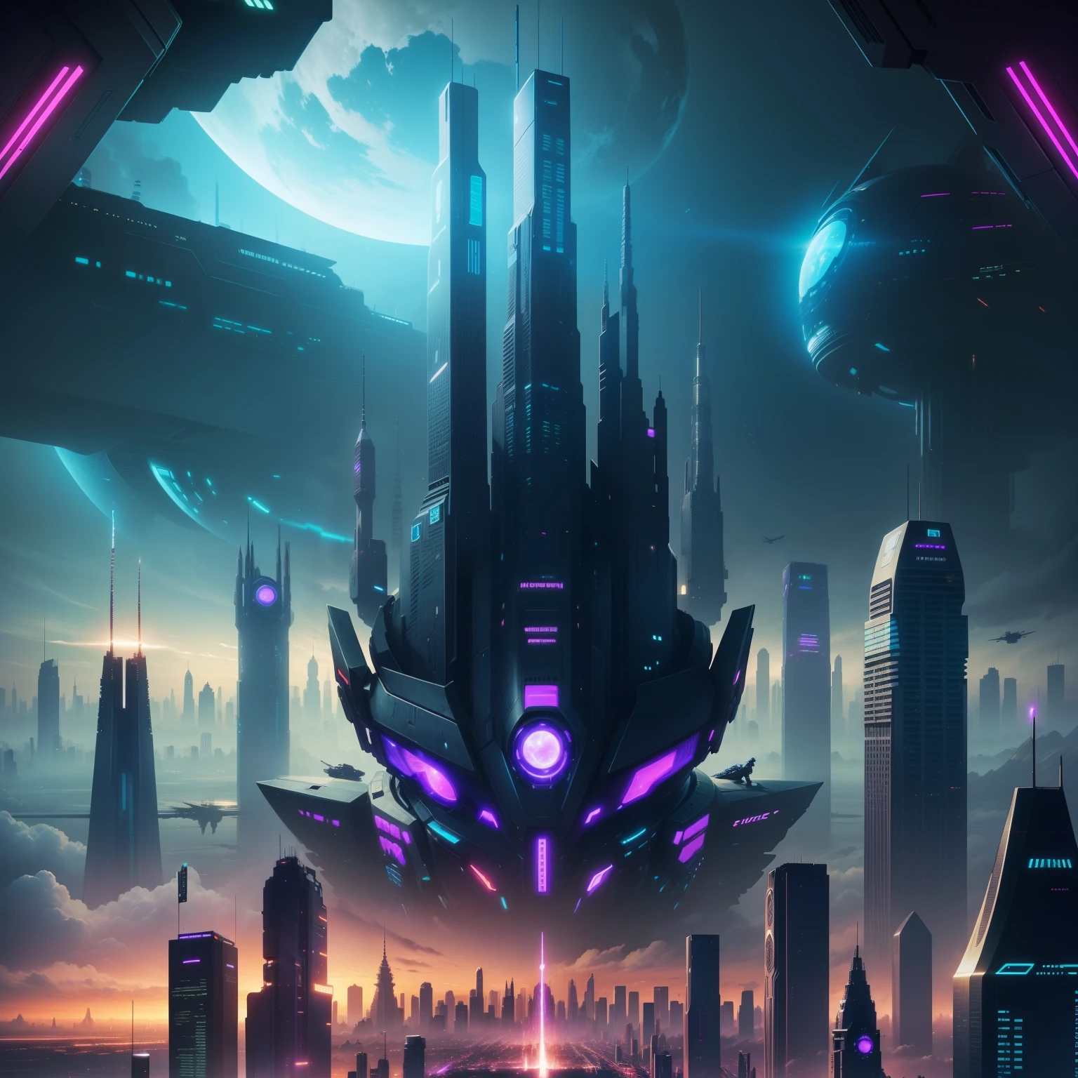 cyberpunked、Futuristic cities、planet earth、Huge skyscrapers　cyberpunked.ＳＦart by、Utopian City、Megacities、dream、top-quality　​masterpiece、Beautiful cities of the future　Space City　during daytime　lake　Castles