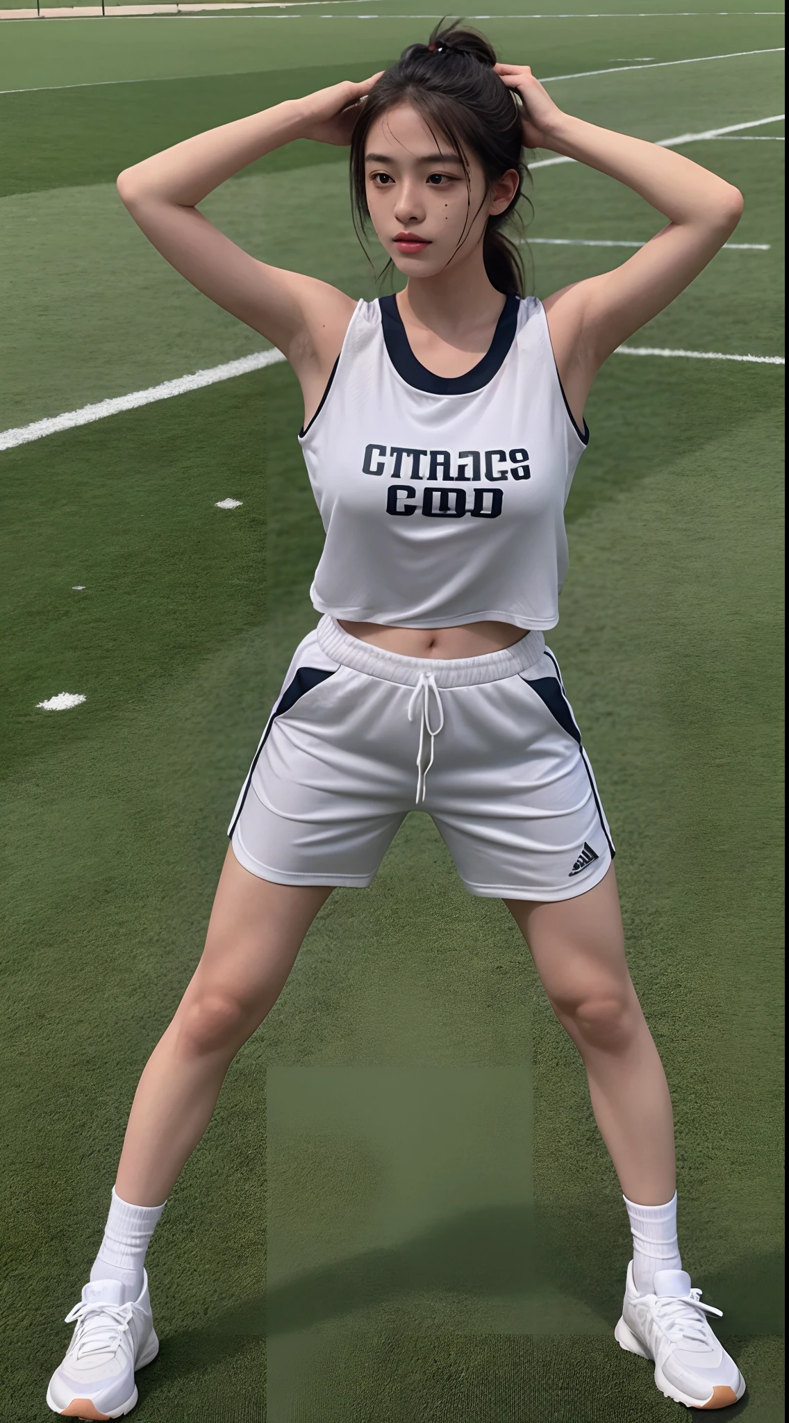 A schoolgirl in a tracksuit on a football field,plain face,There are a lot of freckles on the face,The whole body is covered with moles,Tanned skin,The hair is soaked with sweat,sweat profusely,Wearing sweat,Wear cloth shoes and white socks,Clothes soaked with sweat,There is a lot of armpit hair,Thick armpit hair,Generous armpit hair,Thick armpit hair,Strong body hair