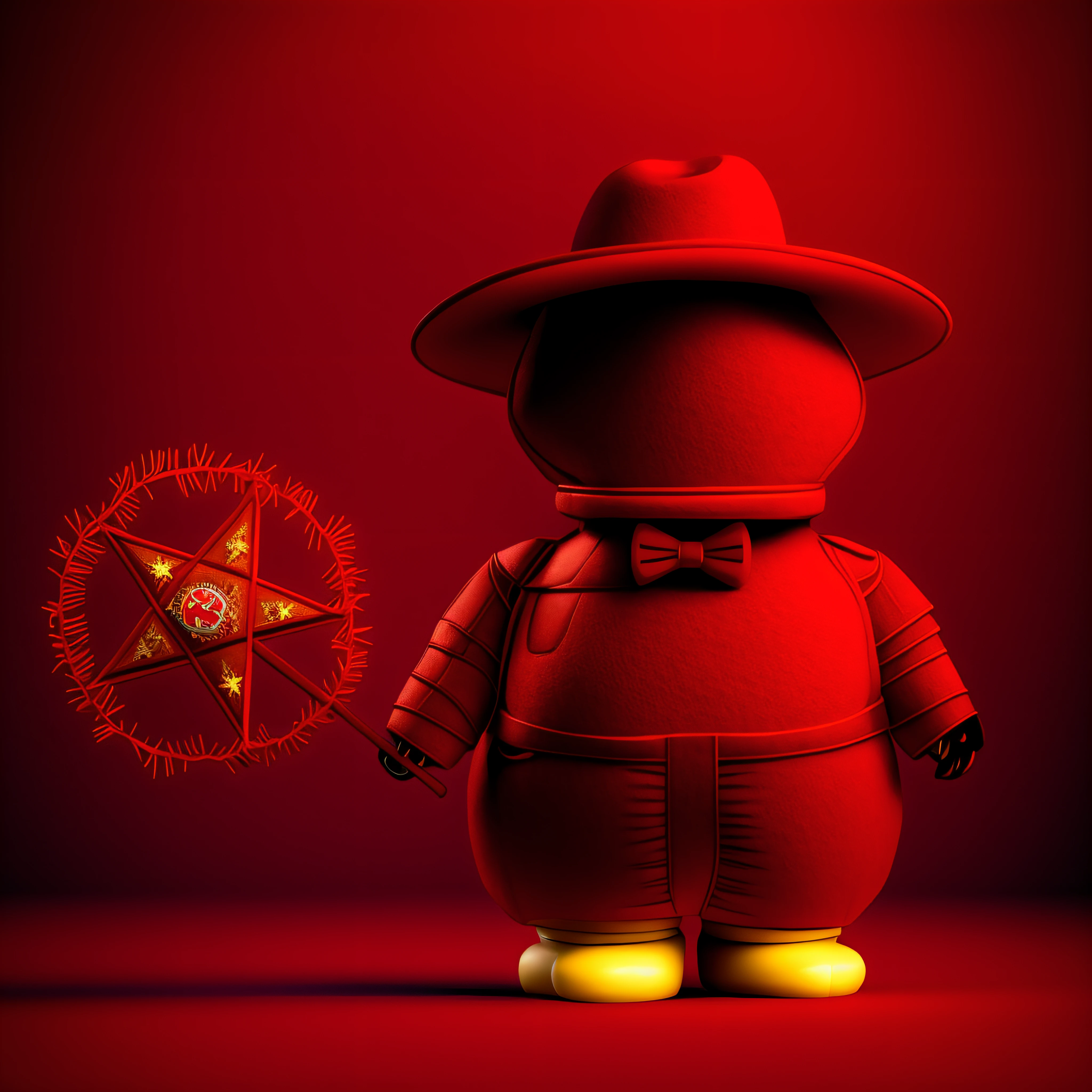 there is a red teddy bear with a hat and a star, 3d model of a japanese mascot, frank kozik, depicted as a 3 d render, vinyl toy figurine, toy commercial photo, depicted as a pixar character, toy design, rendered image, toy photo, sofubi, red realistic 3 d render, he has a red hat, cowboy, rendered art