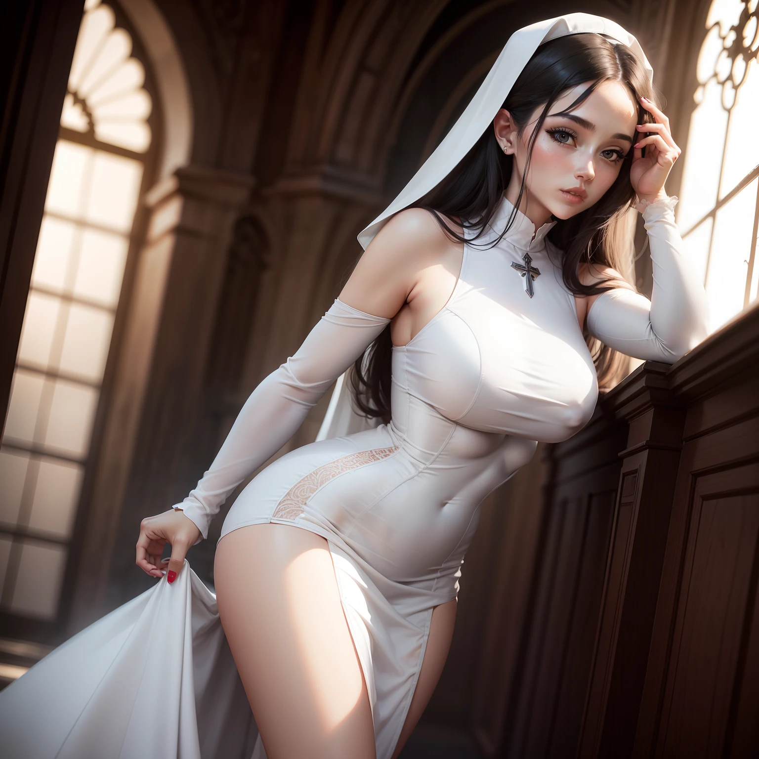 A priest woman. Long Tight white dress have ruby . Posing. Sexy. Beautiful. Attractive.