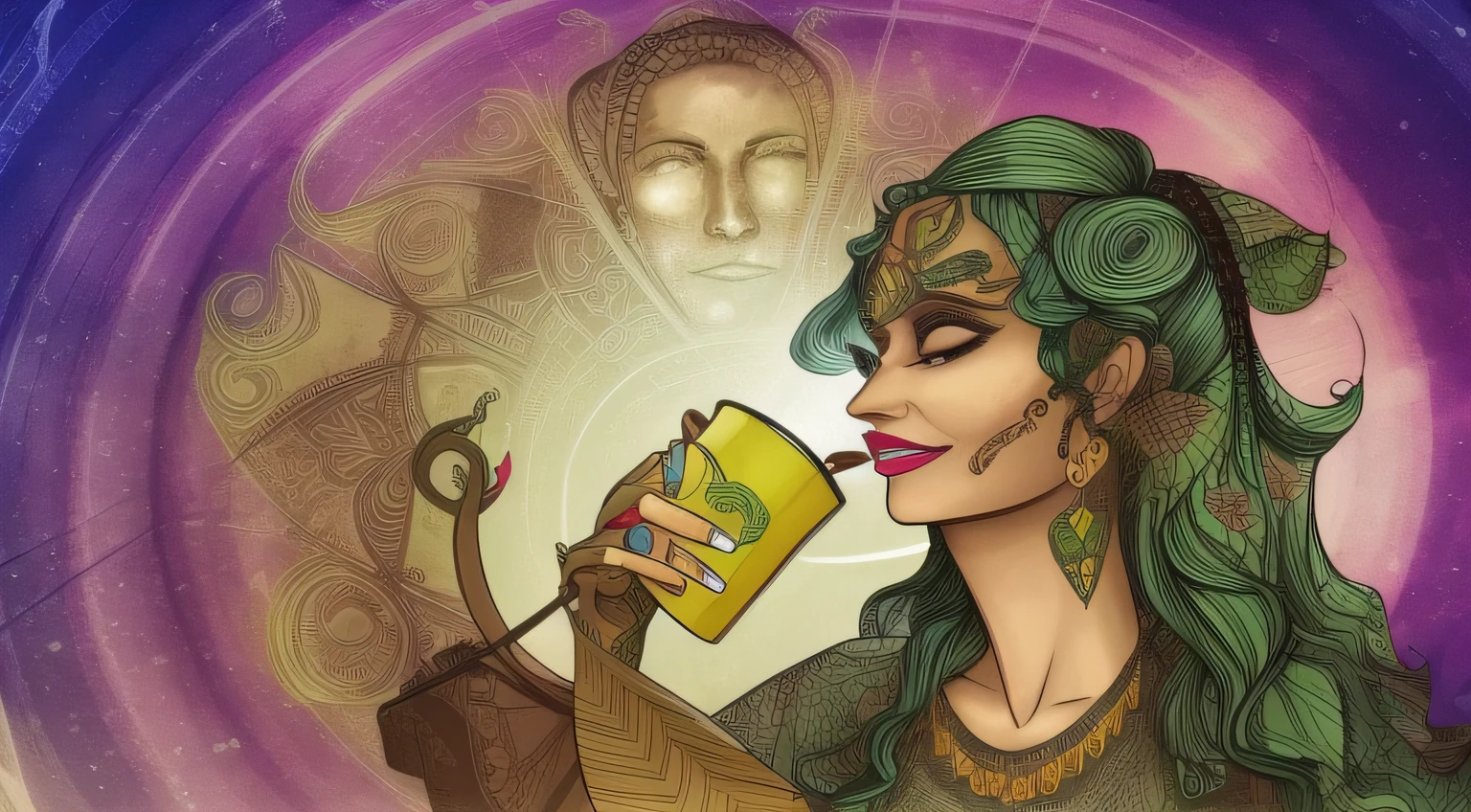 An old psychedelic witch, usando um vestido verde-escuro folgado e um chale marrom. The witch smiles mischievously and has violet eyes and holds a cup of coffee and a bright purple potion.